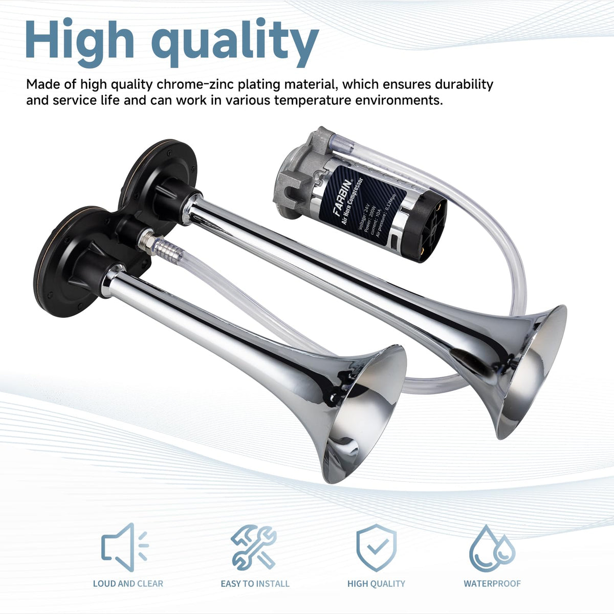 Bocina de Aire FARBIN Cromada con Compresor 24 V