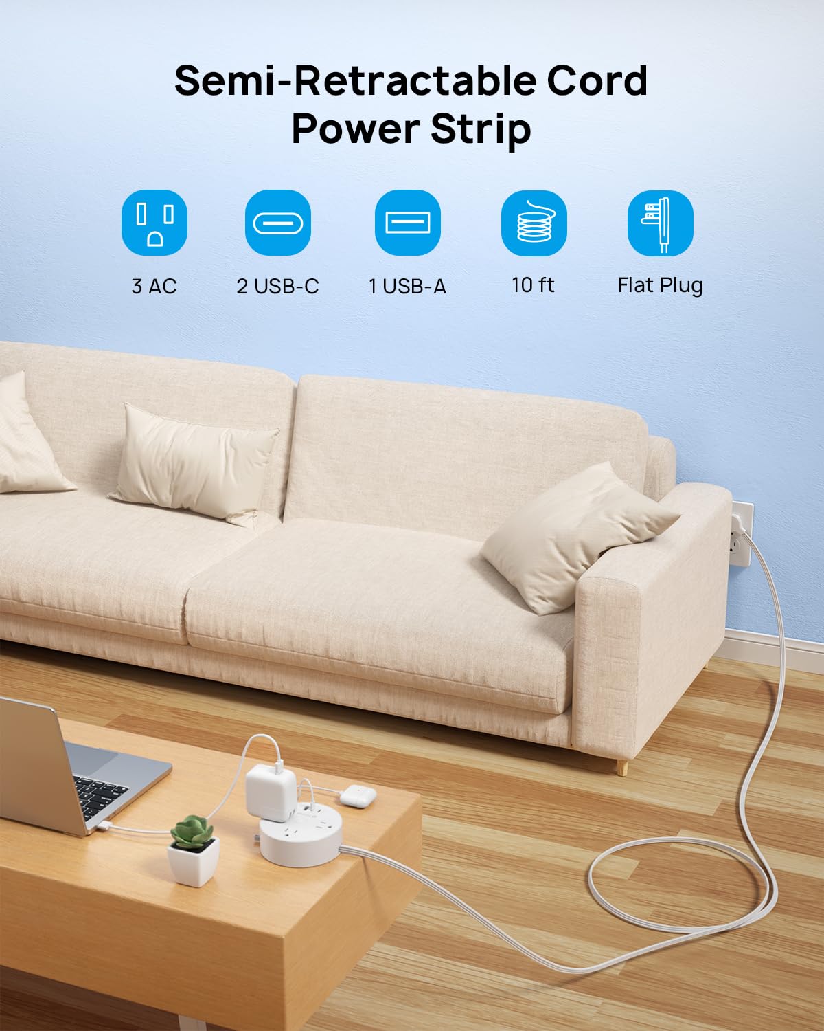 TROND Regleta de Viaje retráctil, Enchufe Plano Ultrafino retráctil, Cable de extensión semirretráctil de 3 m, regleta con 3 Tomas de CA 3 USB (2 USB C), Elementos Esenciales para cruceros