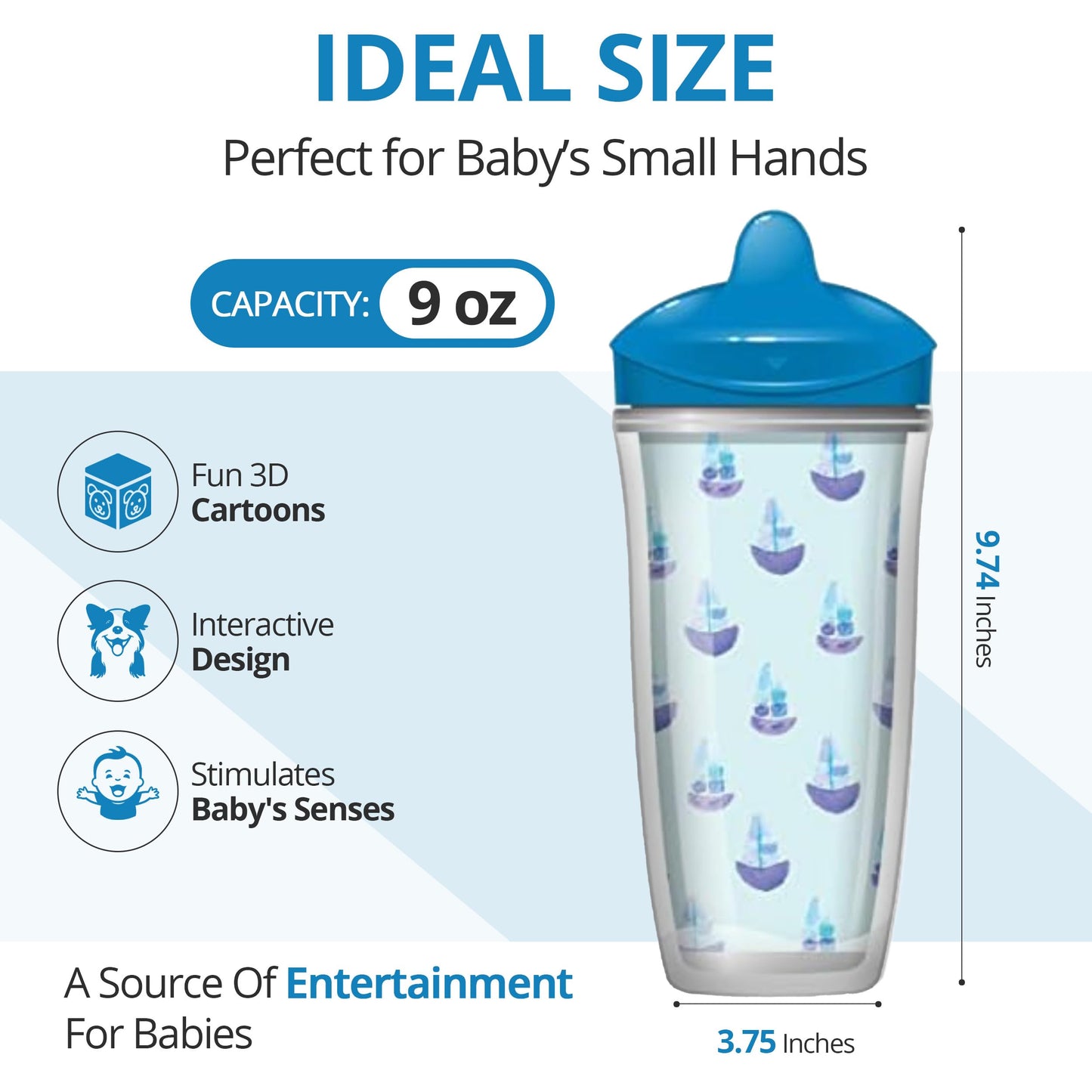 Playtex Baby Sipsters - Taza dura para beber para más de 12 meses, 266 ml (2 unidades), diseño de ancla azul y velero, botella de agua aislada para niños, tazas a prueba de derrames para niños