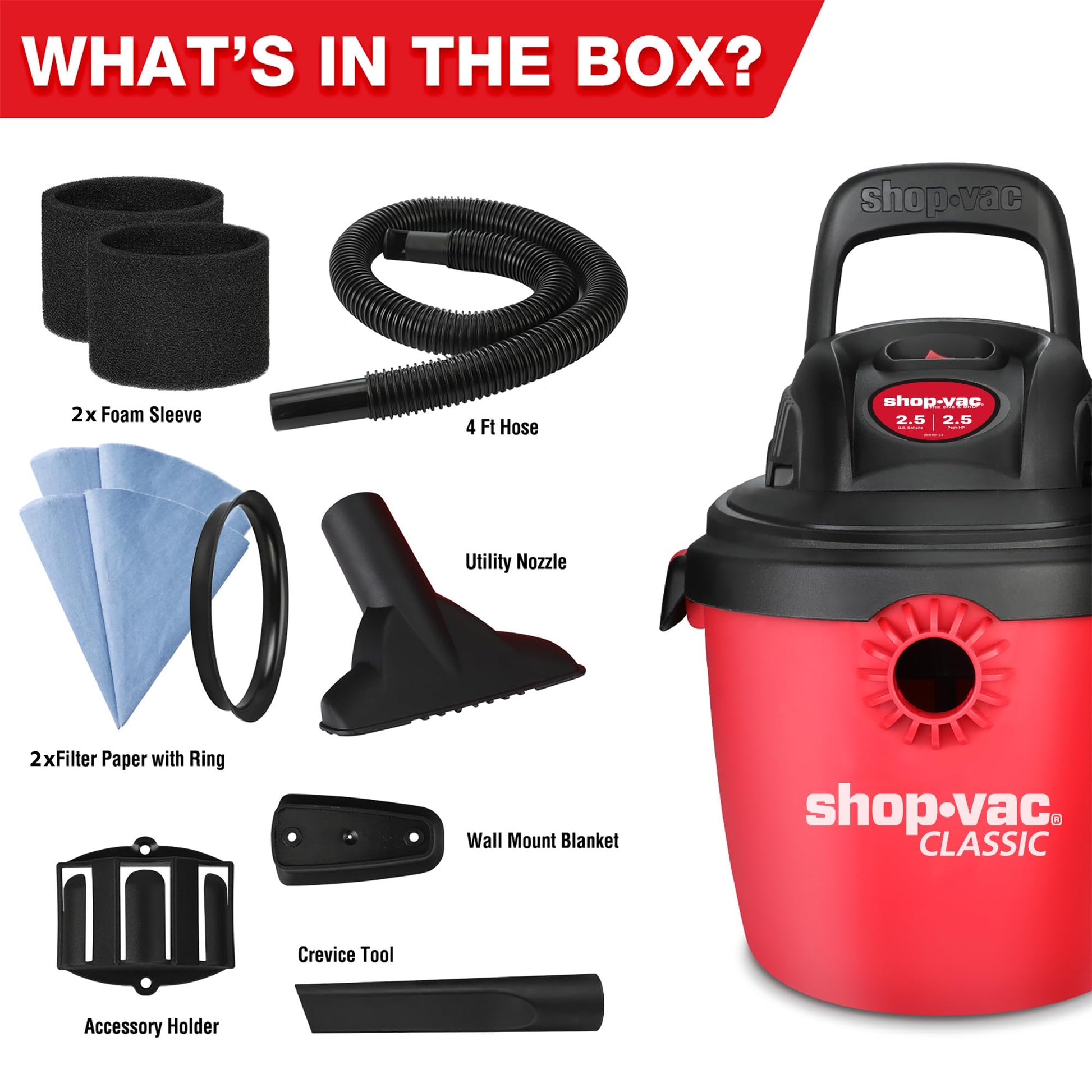 Aspiradora en Húmedo/Seco Shop-Vac Portátil Negra con Soporte de Pared para el Hogar y Lugar de Trabajo