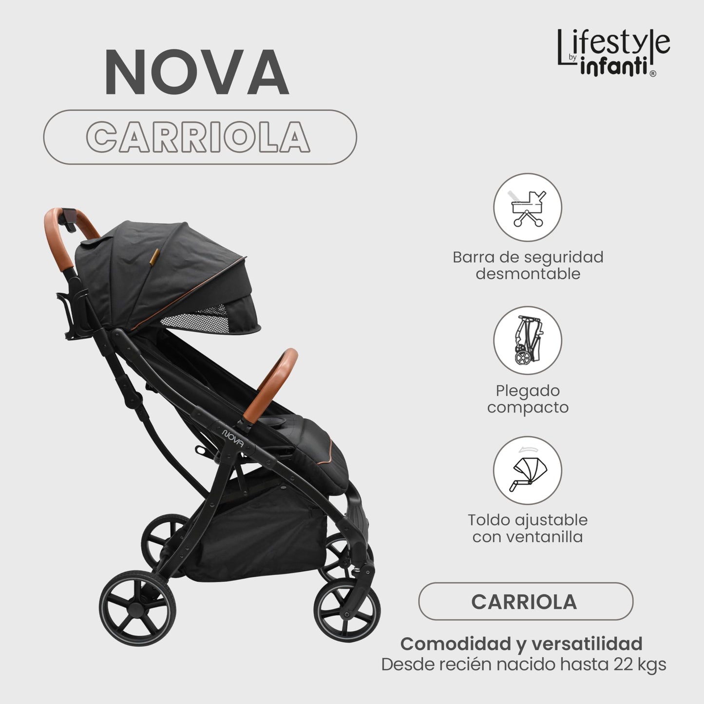 INFANTI | Carriola para Bebe Nova Negro Lifestyle | Carreola Bebé con Plegado Automático y Compacto con Arnés de 5 Puntos - Toldo Completo con Visera y Ventanilla | Reclinación Ajustable y Canastilla
