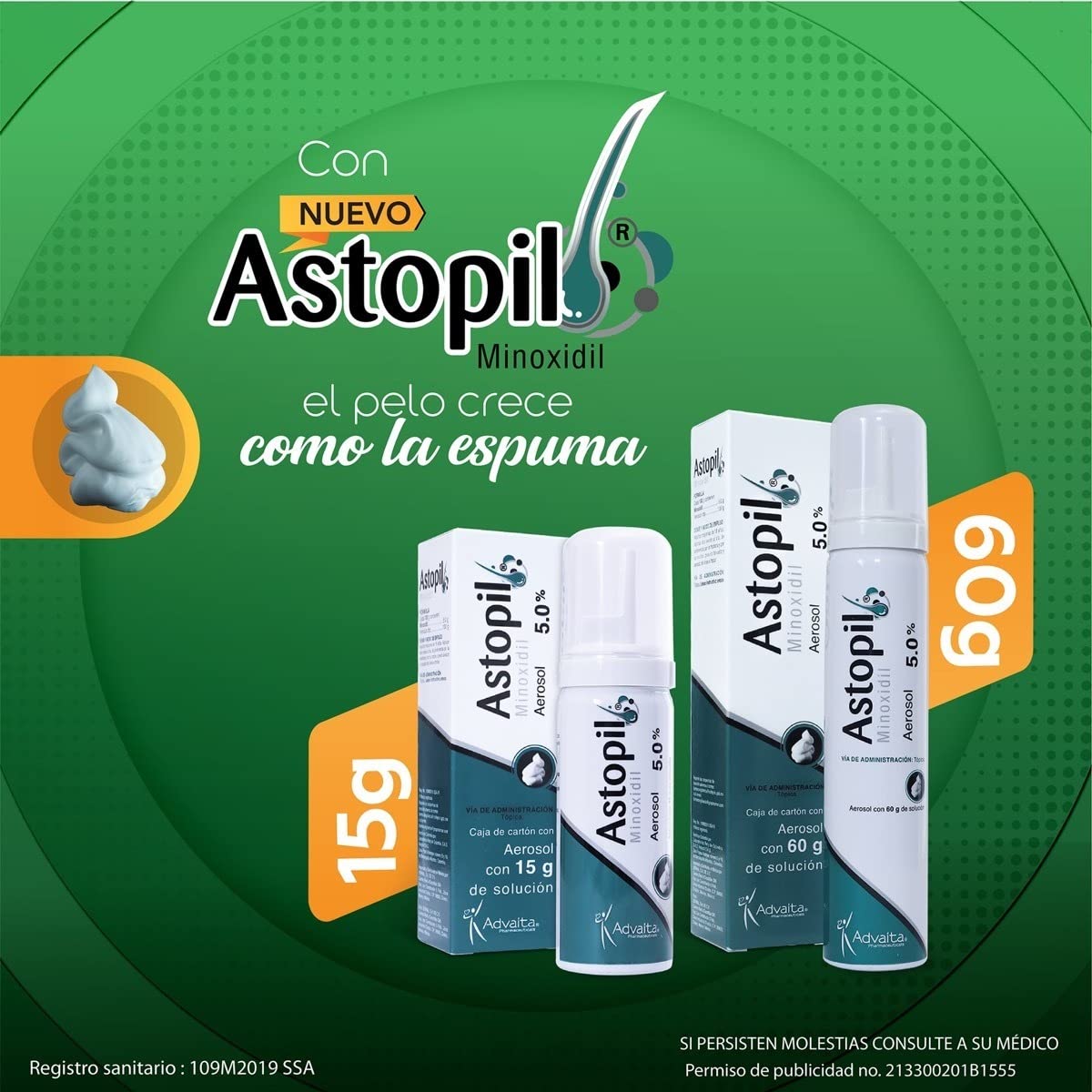 Espuma Minoxidil 5% Advaita Astopil Sin Aroma Blanca para Tratamiento de Alopecia y Hipotricosis