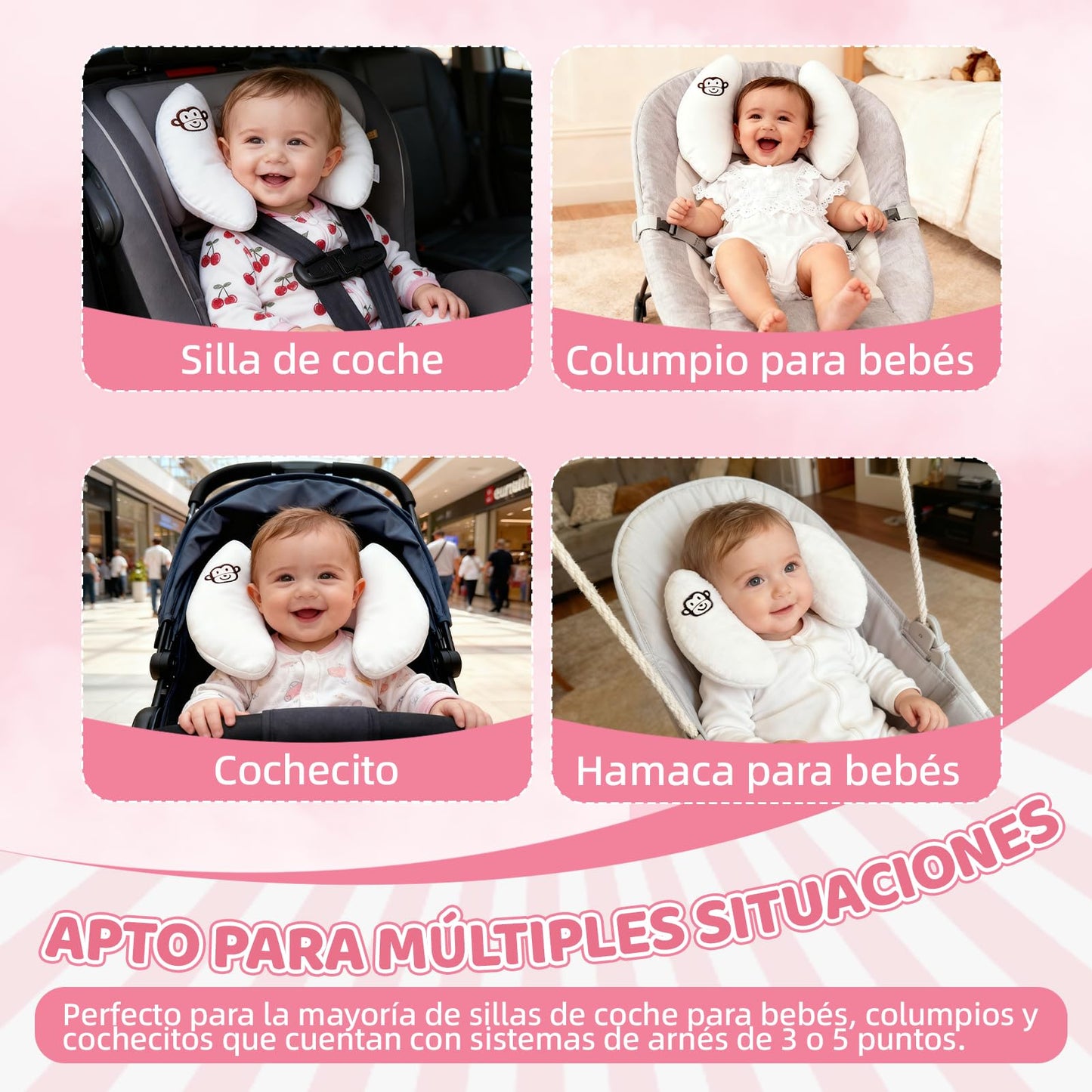 REKOBON Reposacabezas de Viaje Ajustable para Bebés, Paquete de 2, Blanco