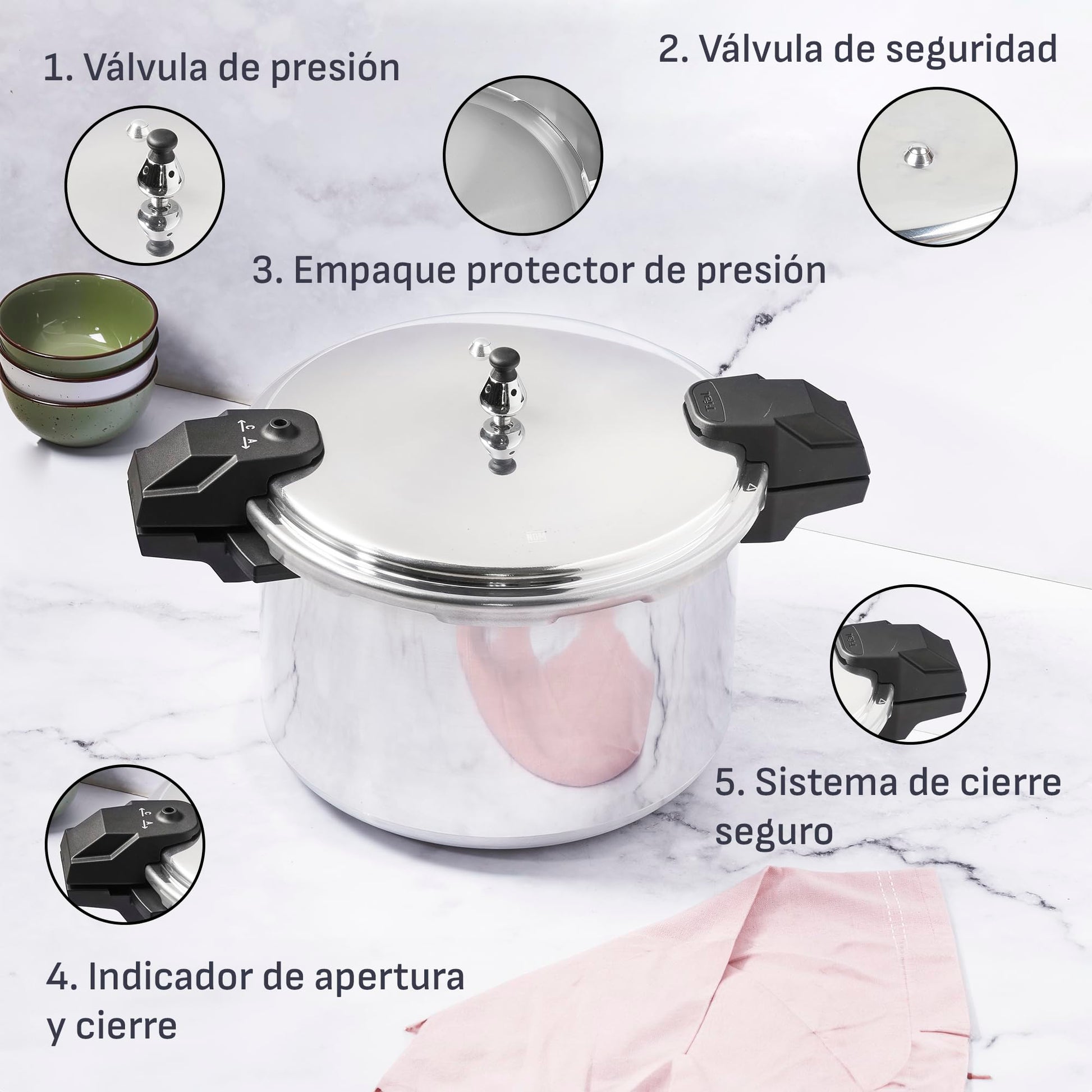 Olla Express T-fal Plateada 15 L con Cinco Sistemas de Seguridad y Fácil Limpieza