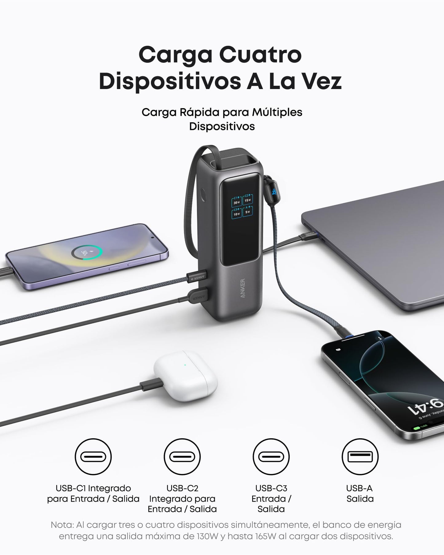 Power Bank Anker Negro 25,000 mAh con 3 Puertos USB-C 100W y Cables Integrados para Laptop y Celulares