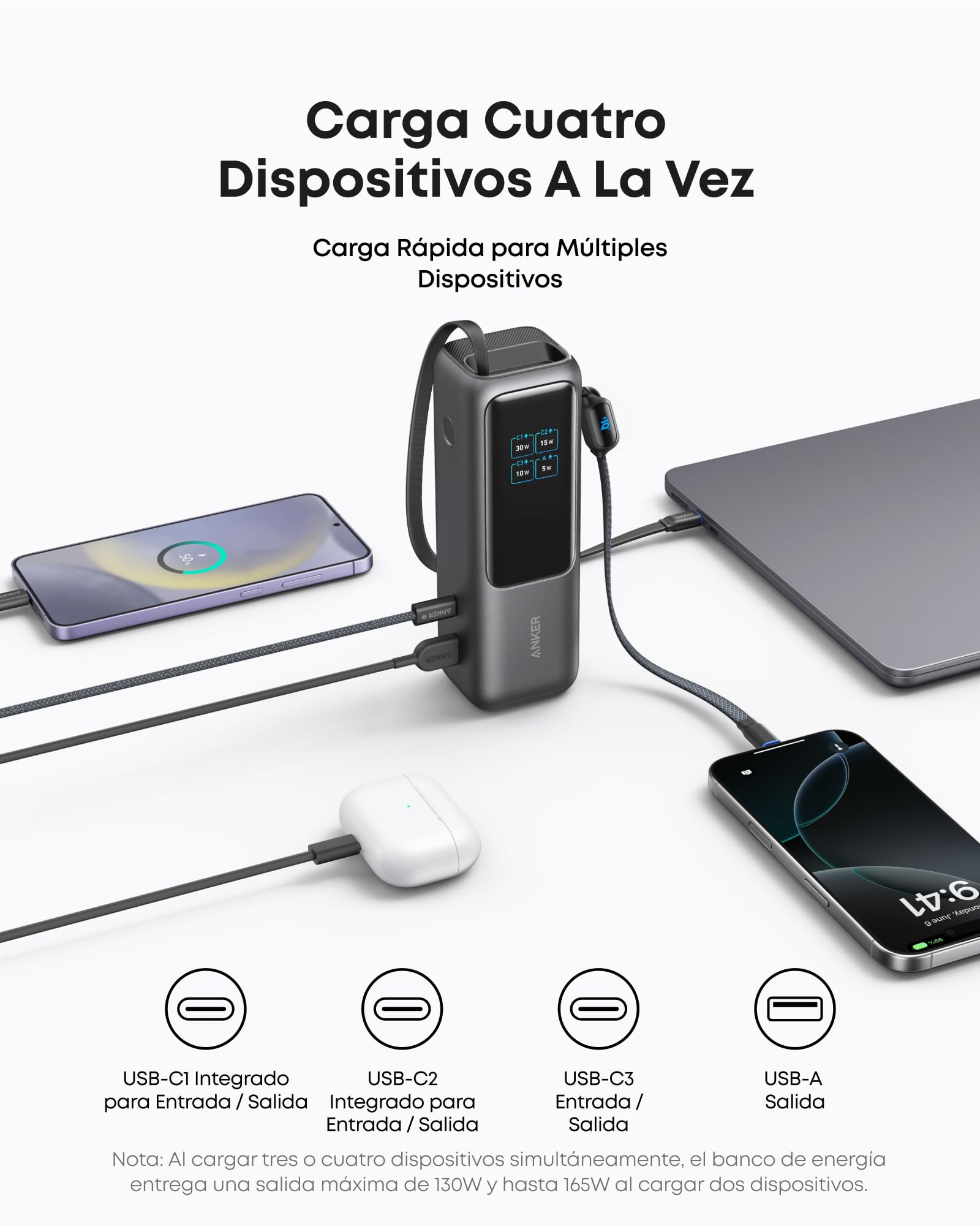 Power Bank Anker Negro 25,000 mAh con 3 Puertos USB-C 100W y Cables Integrados para Laptop y Celulares