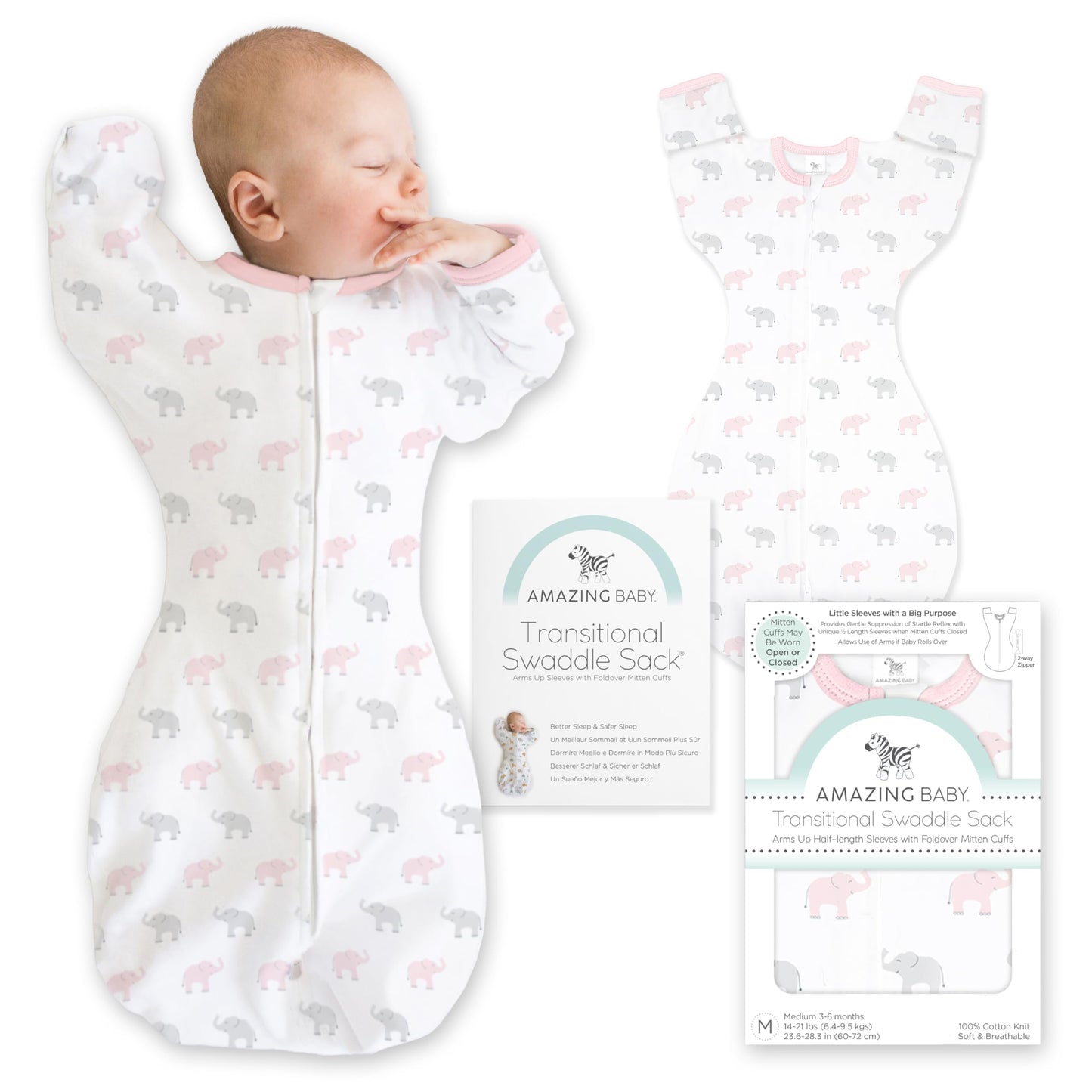 Increíble saco de transición para bebé con brazos hasta medias mangas y puños de manopla, mediano, 3-6 meses, 14-20 libras, elefantes pequeños, rosa (envoltura de brazos arriba, saco de dormir de