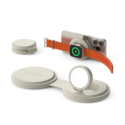 SATECHI OntheGo™ Cargador Inalámbrico 2 en 1, Cargador Portátil Qi2 con Carga Rápida de 15W para iPhone y 5W para Apple Watch, Estación de Carga Magnética de Viaje – Arena