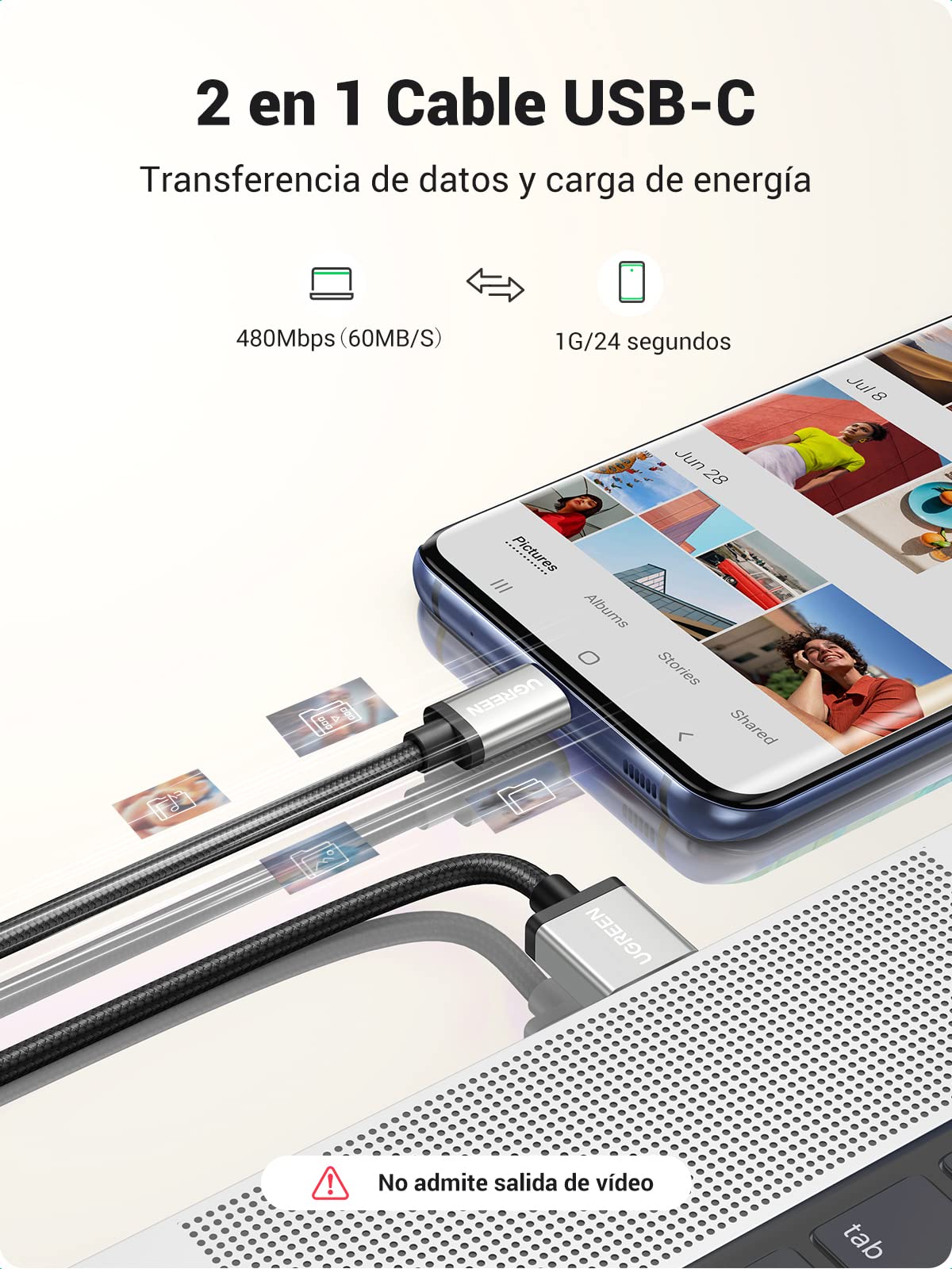Cable USB C UGREEN 3M Negro Nylon Trenzado Carga Rápida