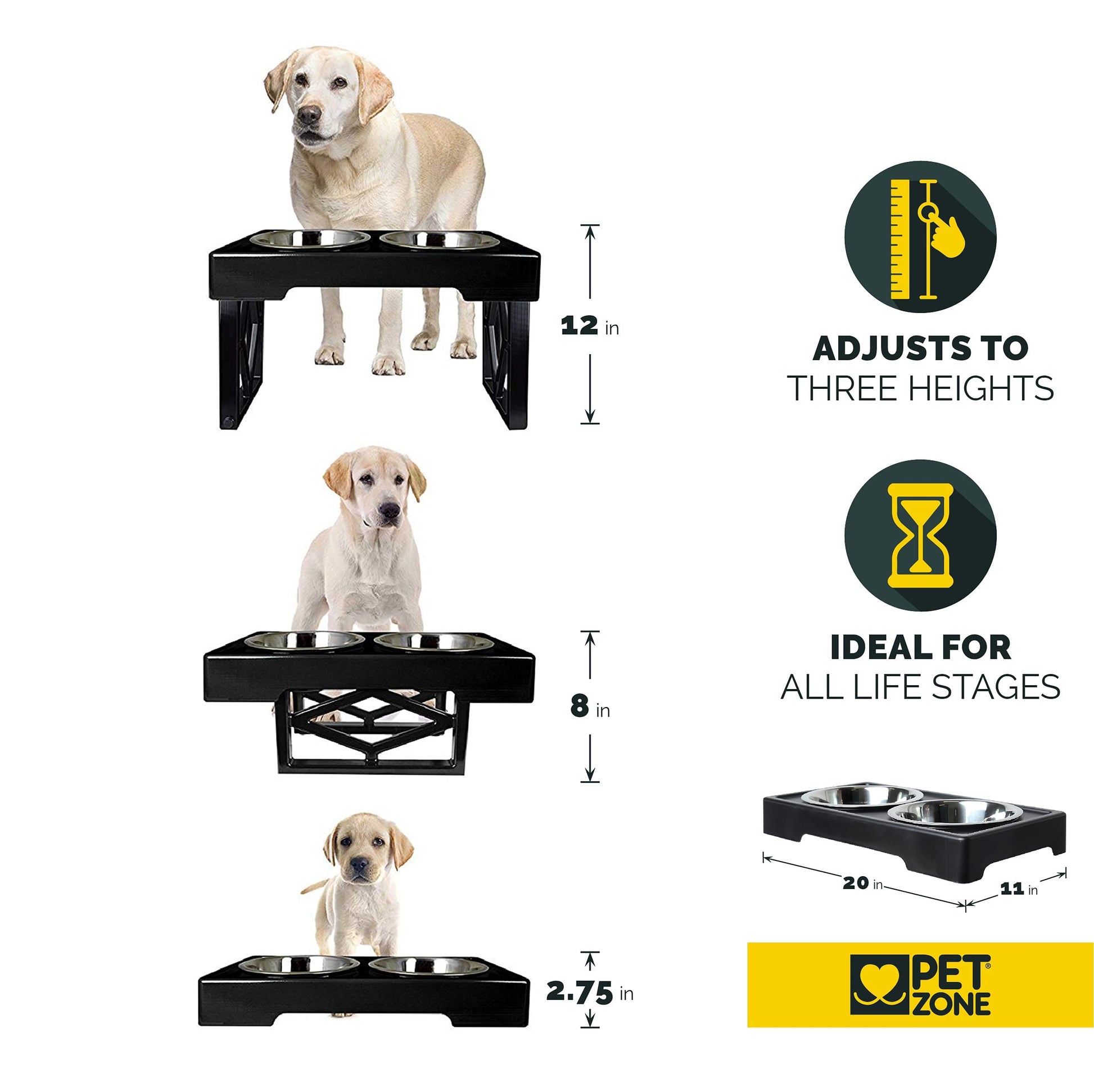 Cuencos Elevados Ajustables Pet Zone Negro con Doble Cuenco de Acero Inoxidable para Perros