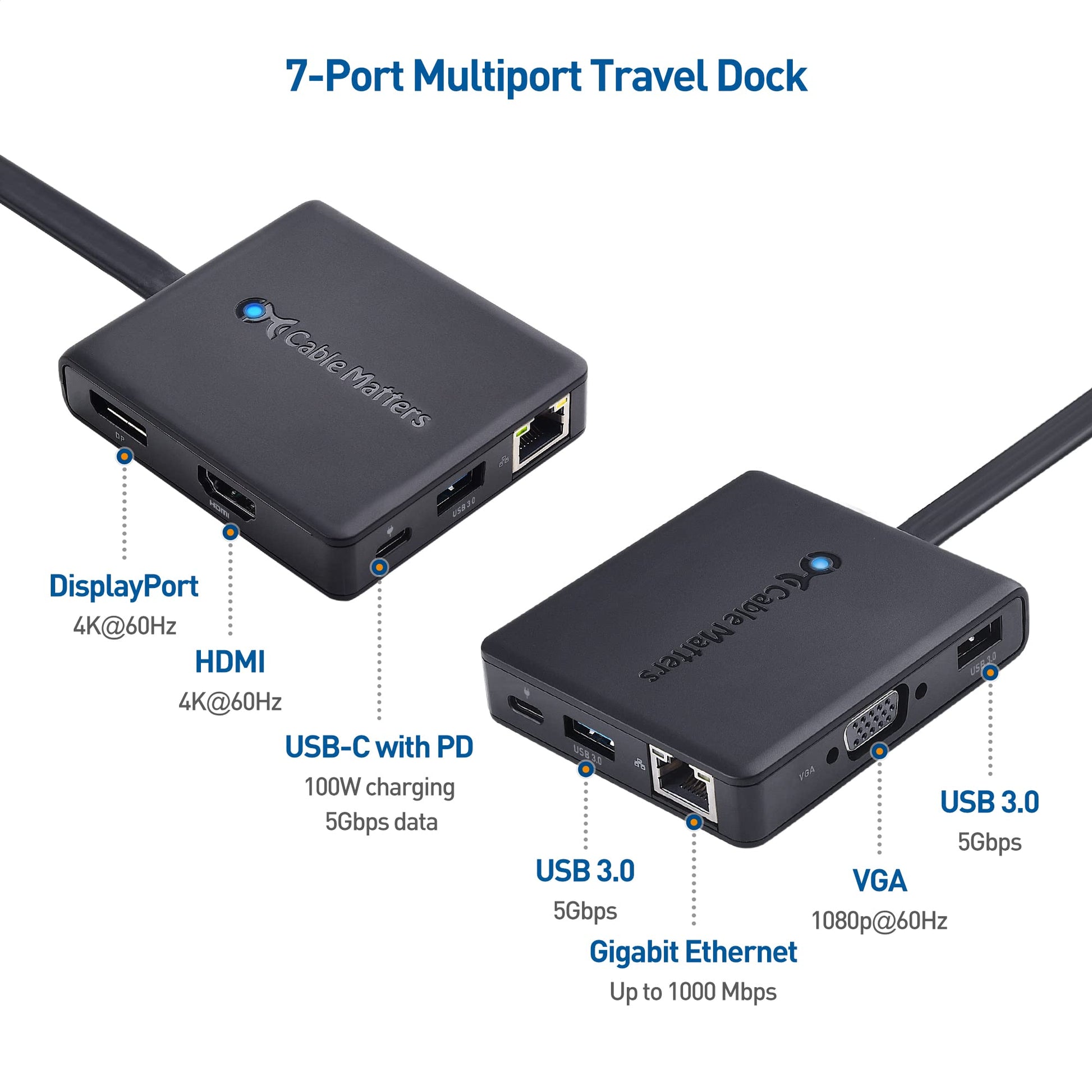 Cable Matters Hub USB C 7 en 1 con visualización triple (HDMI, DisplayPort, VGA), 2 USB 3.0, Gigabit Ethernet, carga de 100 W, Thunderbolt 4/USB 4/USB4 compatible con MacBook Pro, Dell XPS, Surface