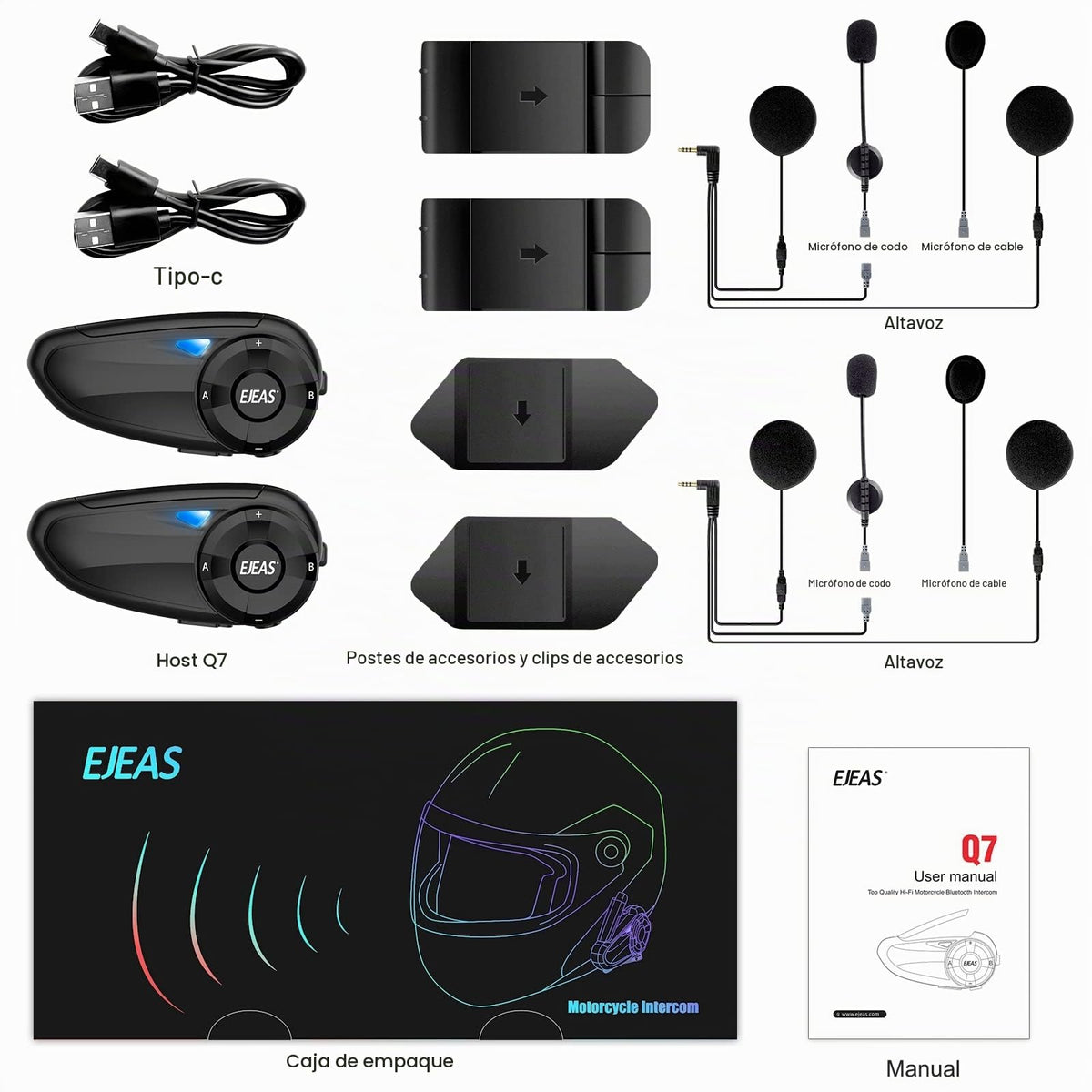 Intercomunicador Auricular Bluetooth iSunergy para Casco Negro 7 Riders 750mAh Impermeable Conectable con SafeRiding App (2 Pack)