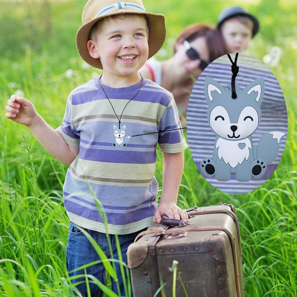 Collares sensoriales para masticar para niños, niños y niñas, paquete de 2 juguetes masticables de silicona de zorro para autismo, TDAH, SPD, juguete masticable de motor oral para adultos, azul y gris
