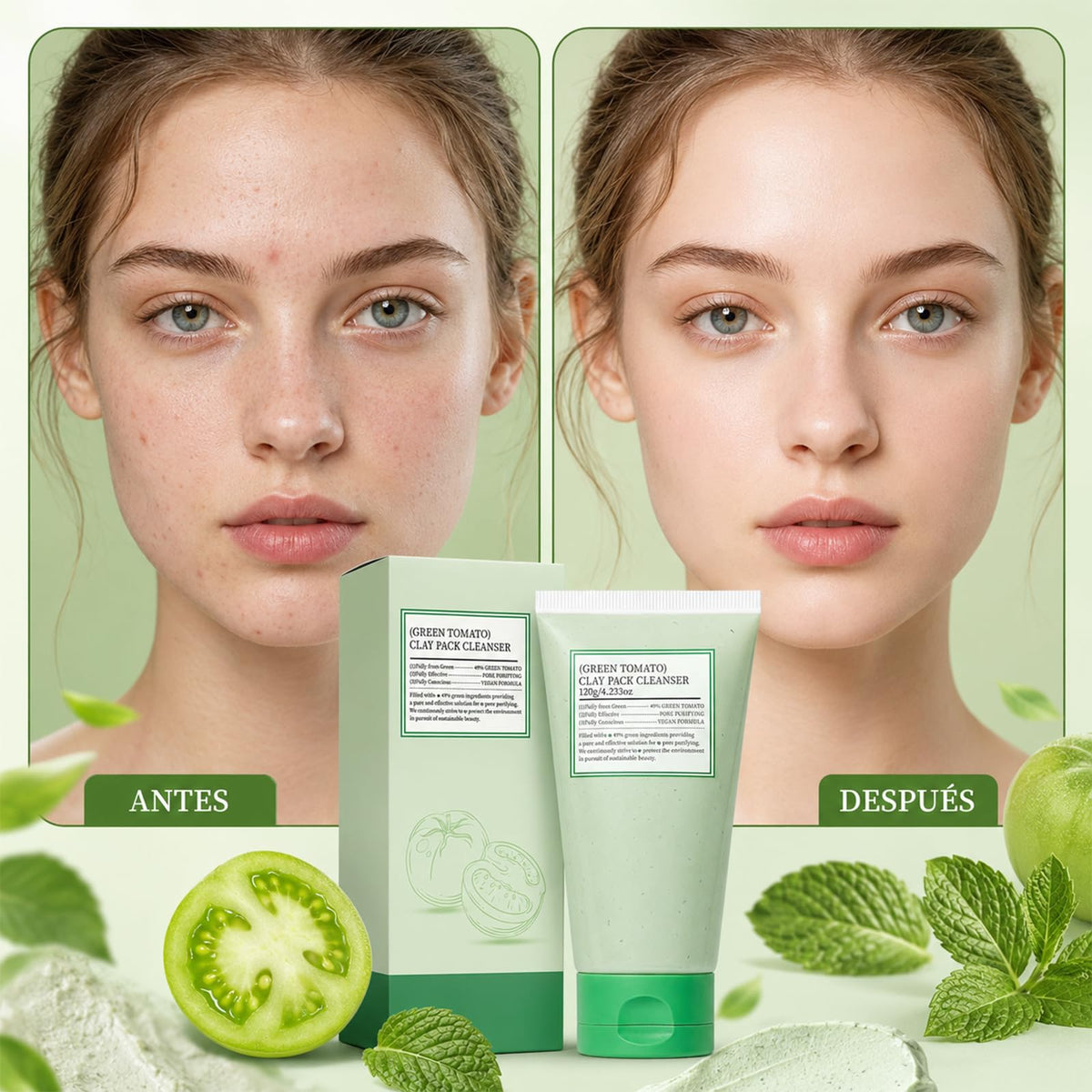 2PCS Green Tomato Clay Mask, Mascarilla de Arcilla de Tomate Verde para Cara, Limpieza Facial Profunda y Minimización de Poros, Hidratante, Para Todo Tipo de Piel (con Cuchara)