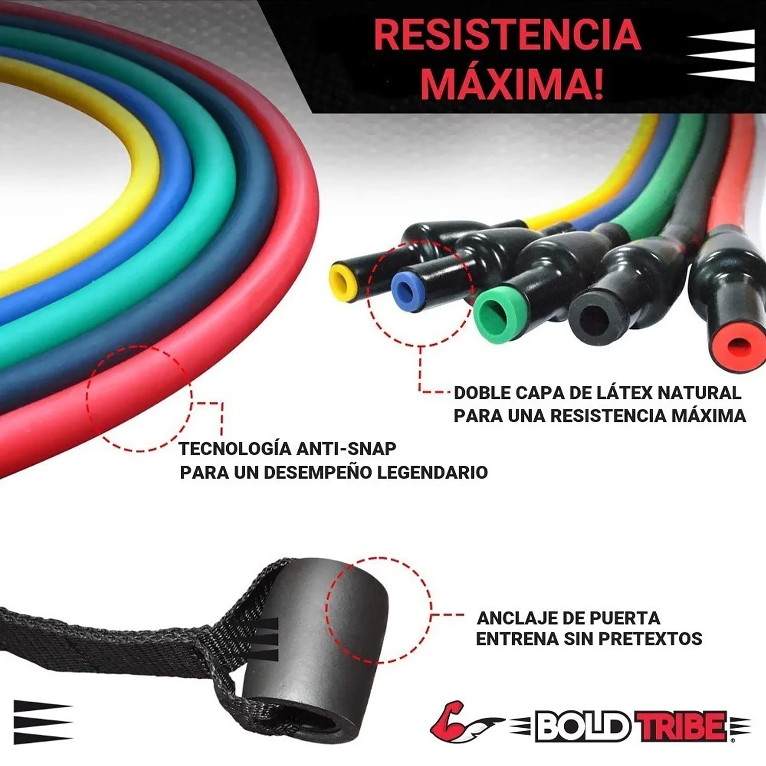 BOLD TRIBE Set Completo Tribe Pack con 14 Piezas - 6 Ligas de Resistencia Tubulares - 155 Lbs de Resistencia Combinada - Gym en Casa, Cross Training y Rehabilitación - Gimnasio