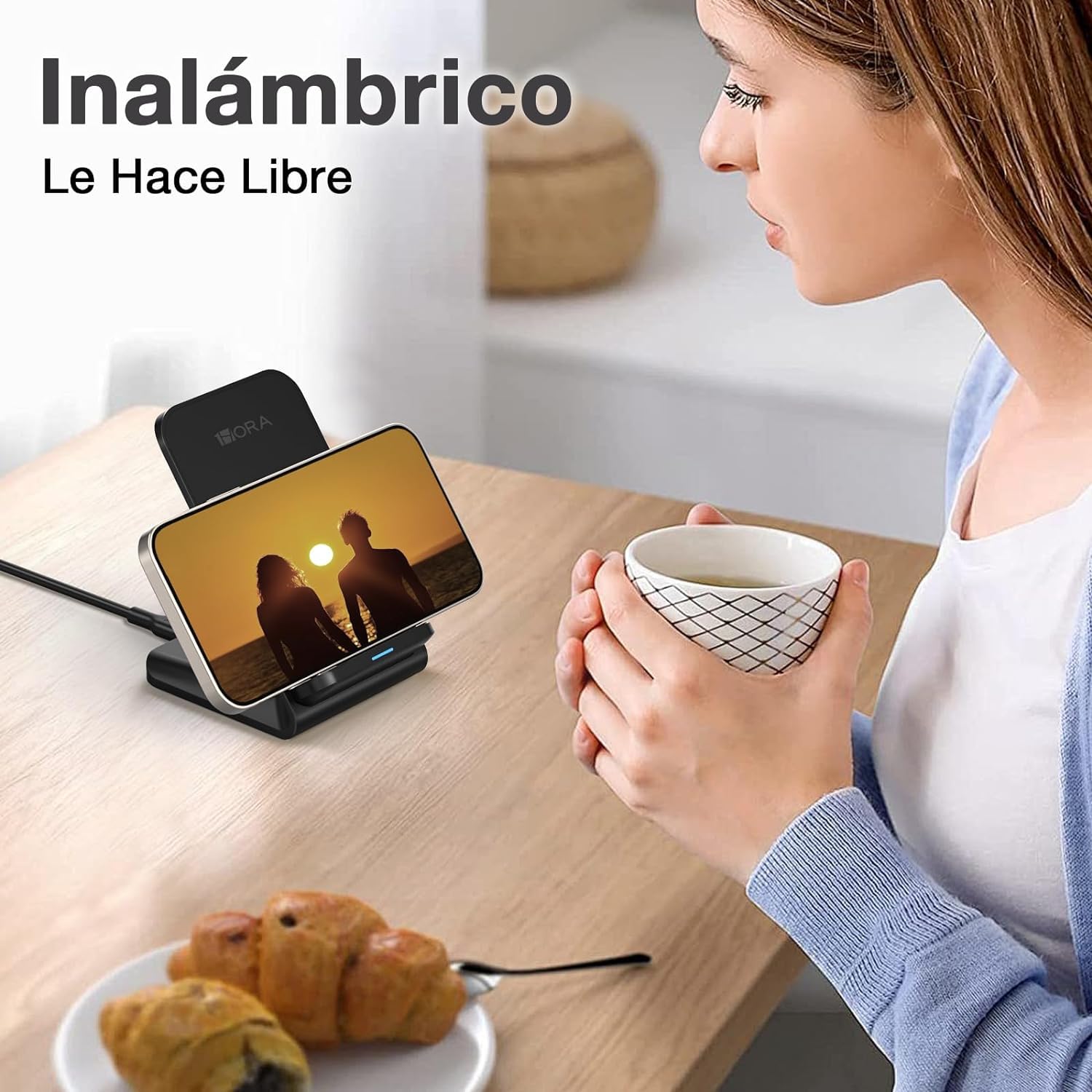Cargador Inalámbrico 15W Negro con Cable USB C para iPhone y Samsung