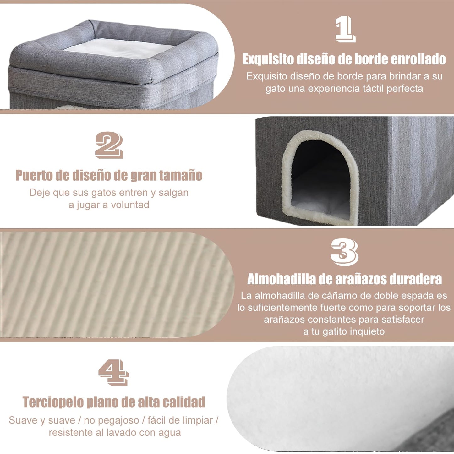 SDRO Cama para Gatos, 3 Niveles Nido para Gatos Plegable Nido para Gatos de Interior Viene con 2 Cojines Extraíbles y Rascador Agujeros para Gatitos, Gatos Grandes, Apartamentos para Mascotas(A)