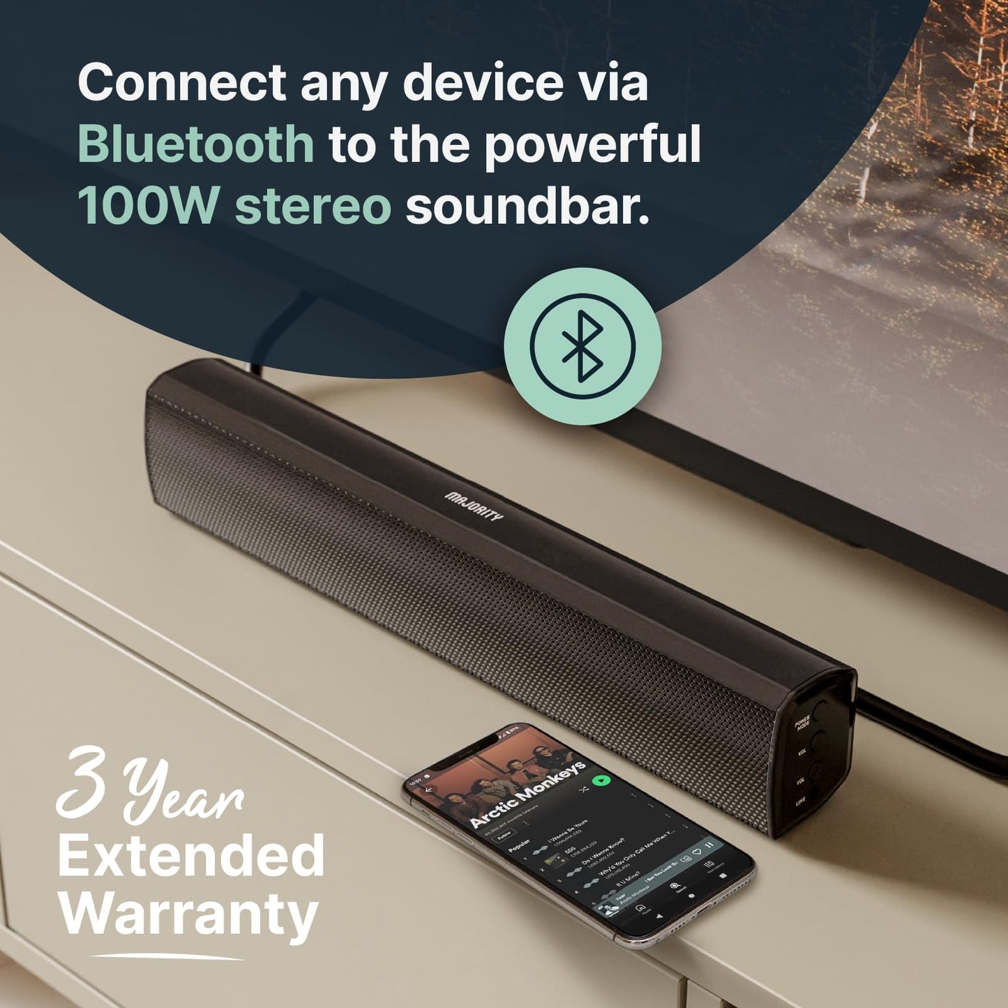 Barra de Sonido Bluetooth Mayoritaria Con Subwoofer | 100 Vatios Para TV | Estéreo 2.1 Con Reproducción Óptica, RCA, USB y AUX | Altavoz Bowfell Plus