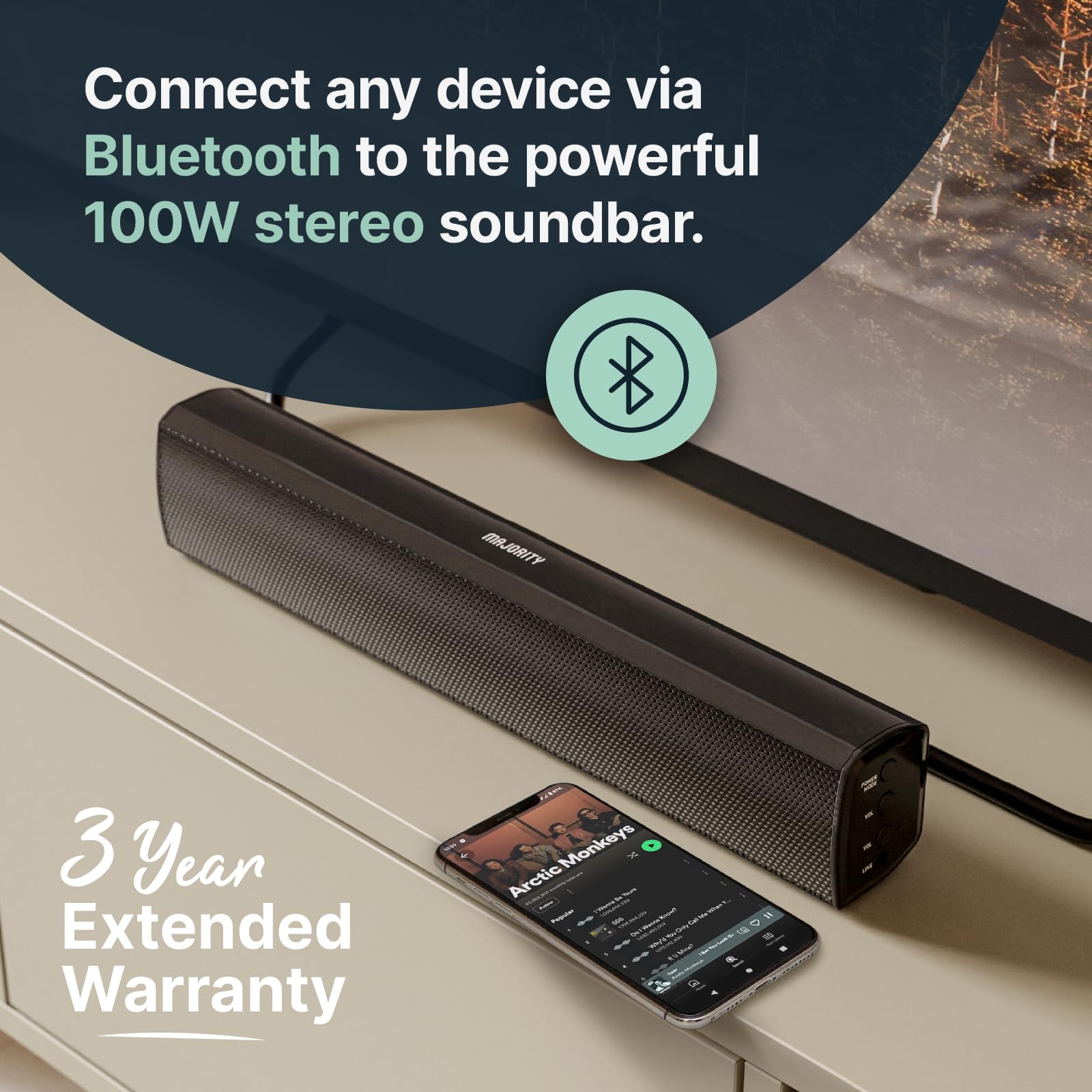 Barra de Sonido Bluetooth Mayoritaria Con Subwoofer | 100 Vatios Para TV | Estéreo 2.1 Con Reproducción Óptica, RCA, USB y AUX | Altavoz Bowfell Plus