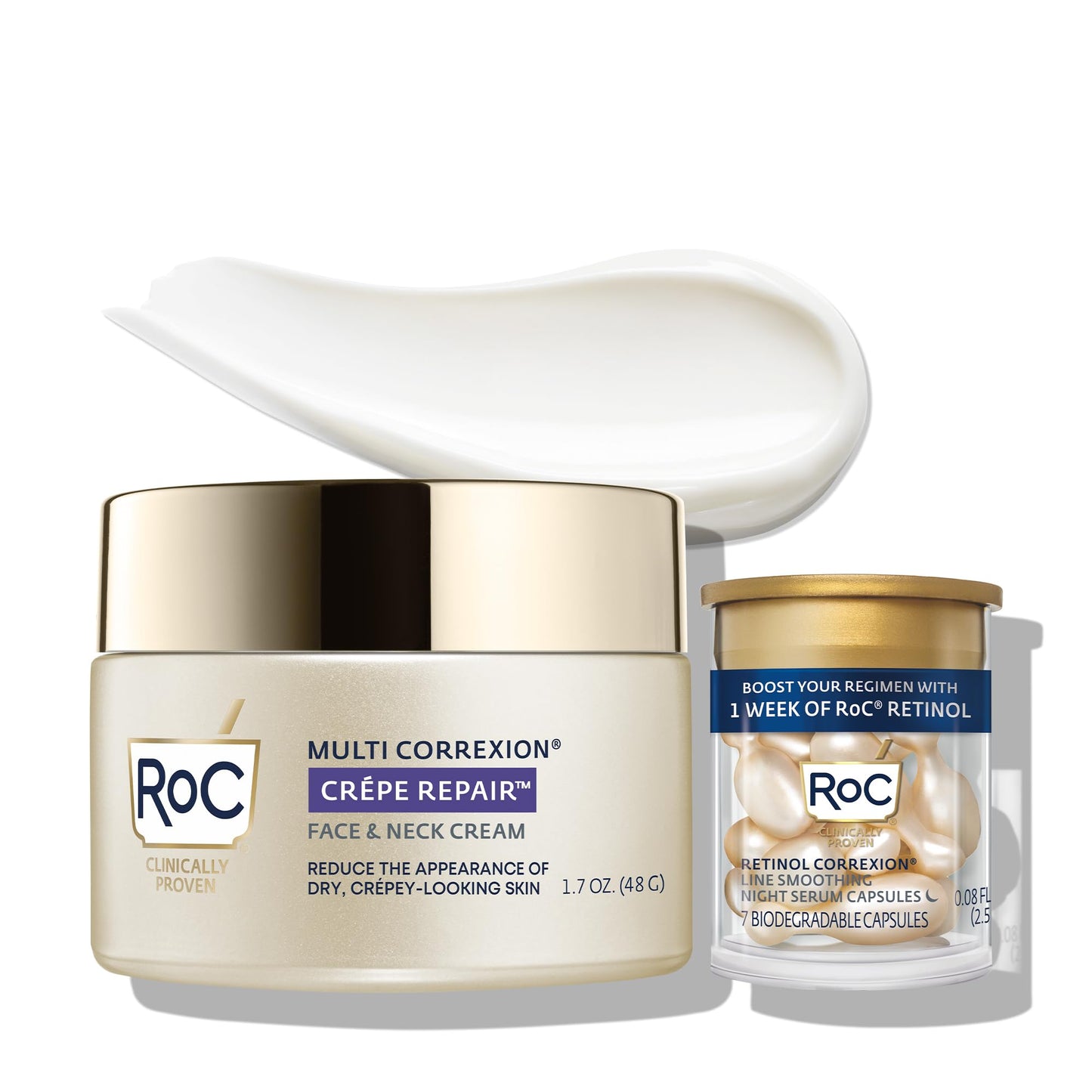 RoC Crepe Repair Anti Aging Daily Face Moisturizer & Neck Firming Cream (1.7 oz) + RoC Retinol Wrinkle Smoothing Capsules (7 CT), Skin Care Treatment