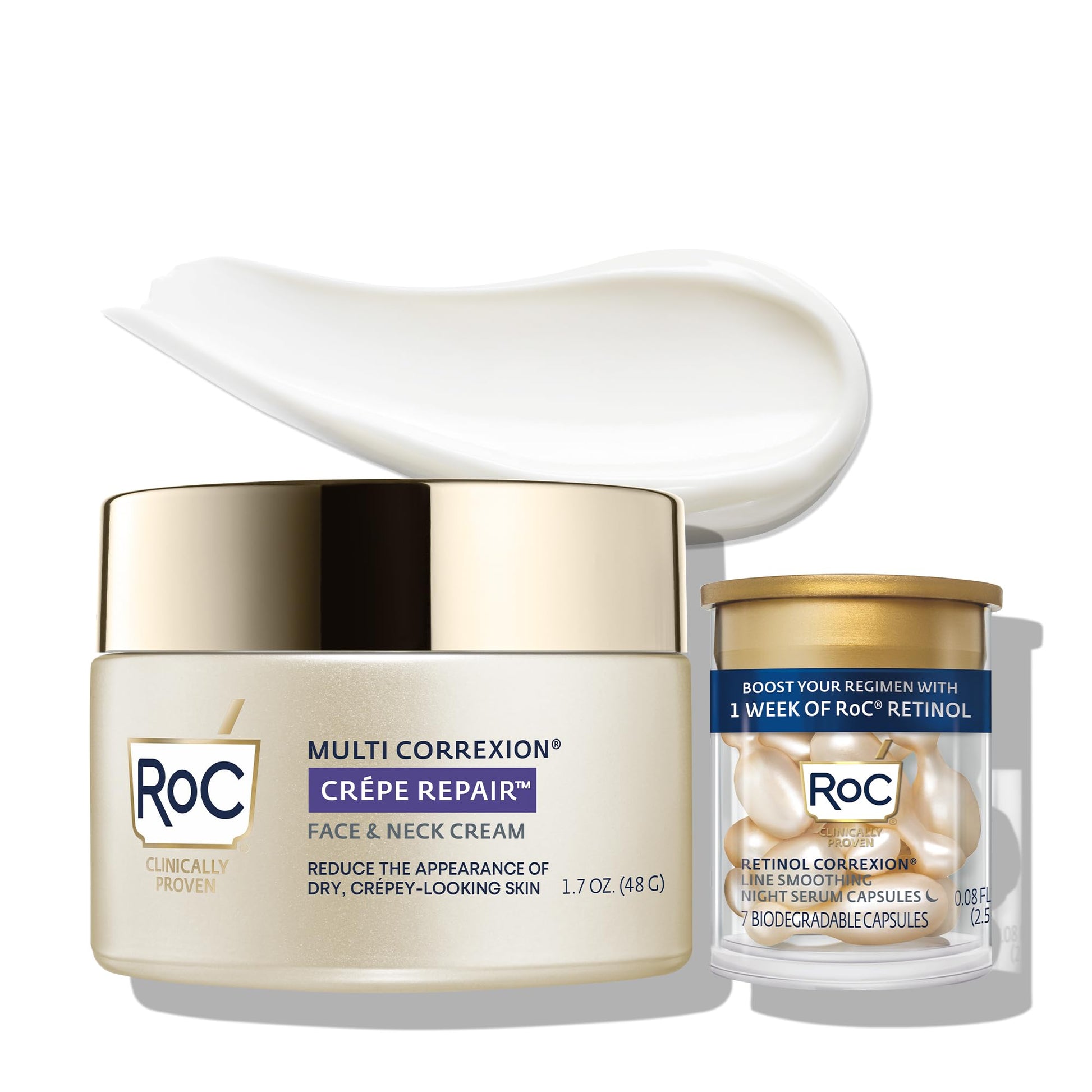 RoC Crepe Repair Anti Aging Daily Face Moisturizer & Neck Firming Cream (1.7 oz) + RoC Retinol Wrinkle Smoothing Capsules (7 CT), Skin Care Treatment