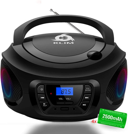 KLIM Boombox Sistema de Audio Portátil Radio FM, Reproductor de CD, Bluetooth, MP3, USB, AUX + Incluye Baterías Recargables + Modos Alámbricos e Inalámbricos , Negro (Reacondicionado)