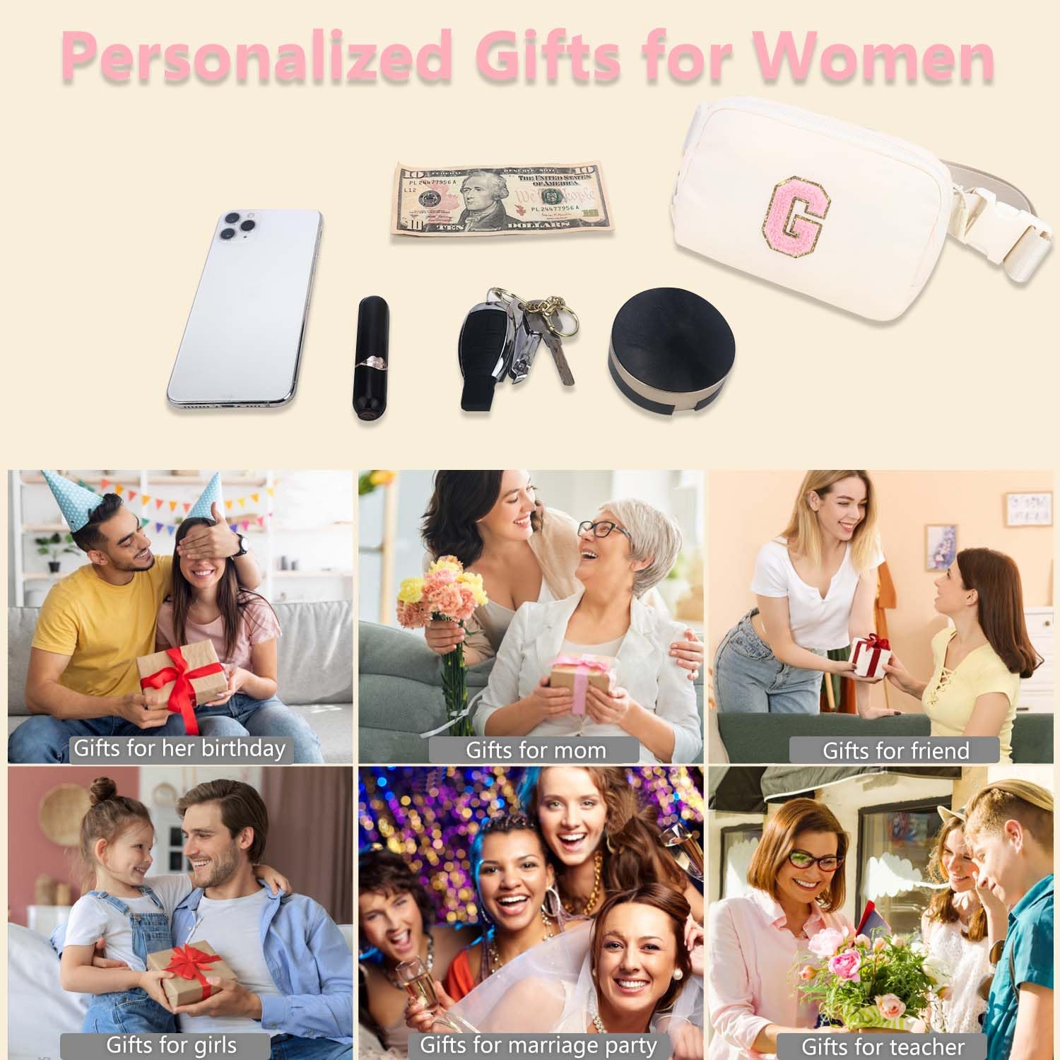 Kejea Riñonera Cruzada para Niñas y Mujeres, 8 a 12 Años, Regalos de Cumpleaños, Paquete de Cintura Pequeña, Beige Sucio