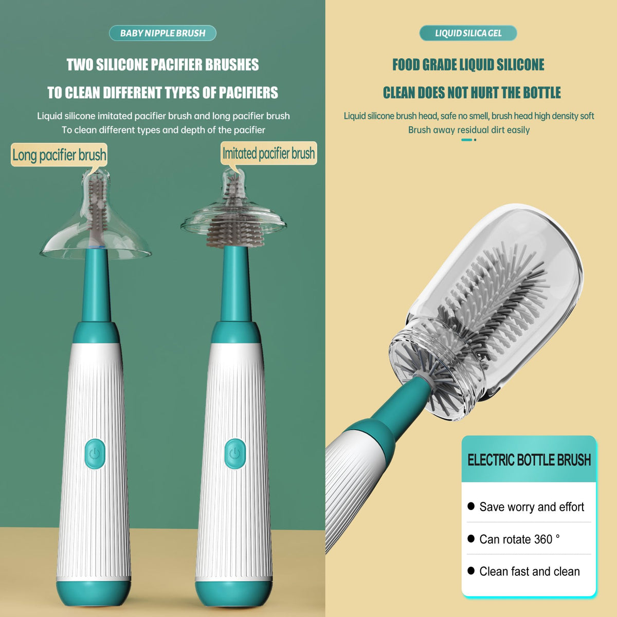 Acodoy Electric Bottle Brush Set with Baby Bottle Brush 4-Piece,Bottle Brush2,Nipple Brush,Straw Brush and Extension Handle,USB Rechargeable (Green)