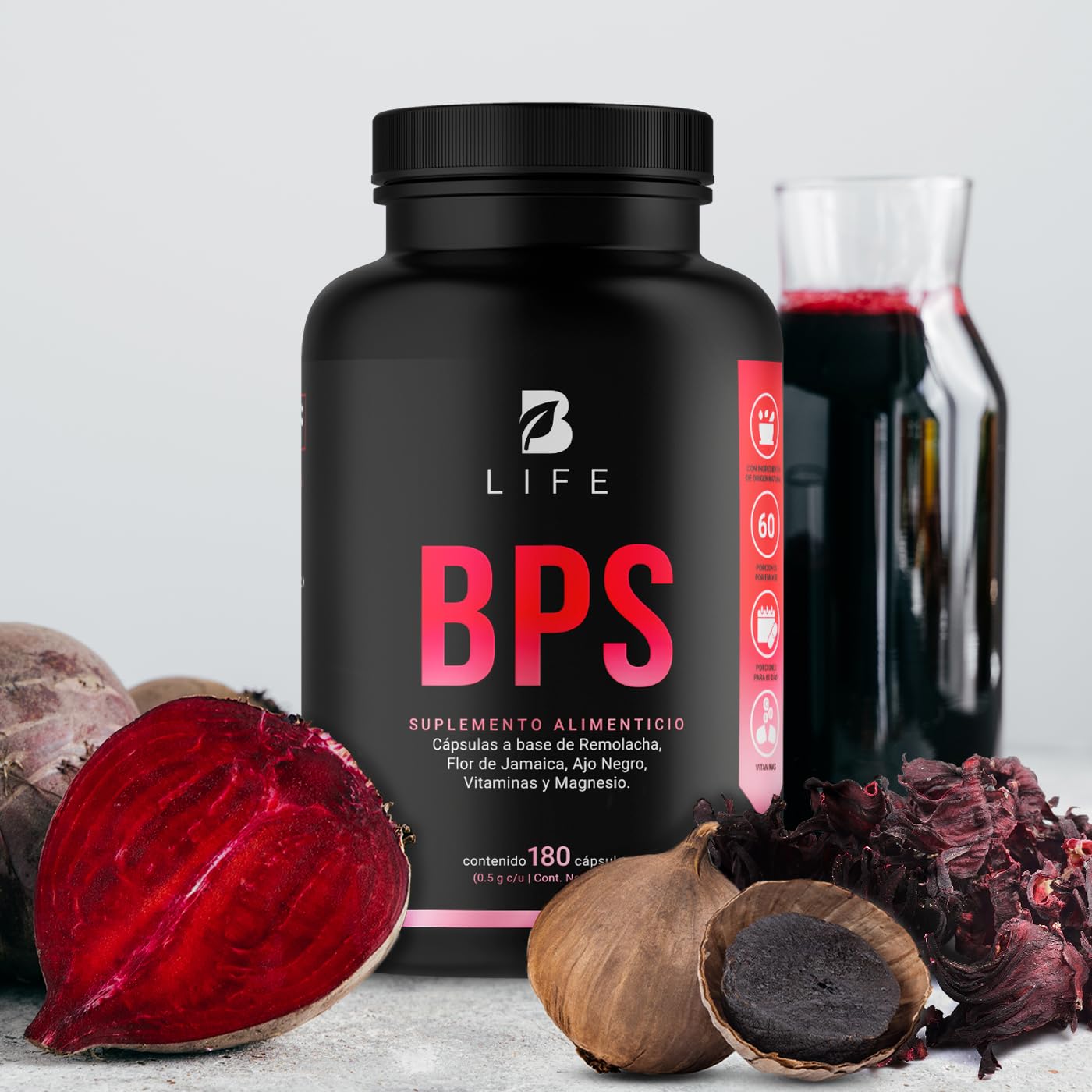 BPS con 180 Cápsulas. 1500 mg por porción de Betabel (Remolacha), Flor de Jamaica, Ajo Negro, Vitaminas y Magnesio. Ingredientes Naturales. BPS B Life.
