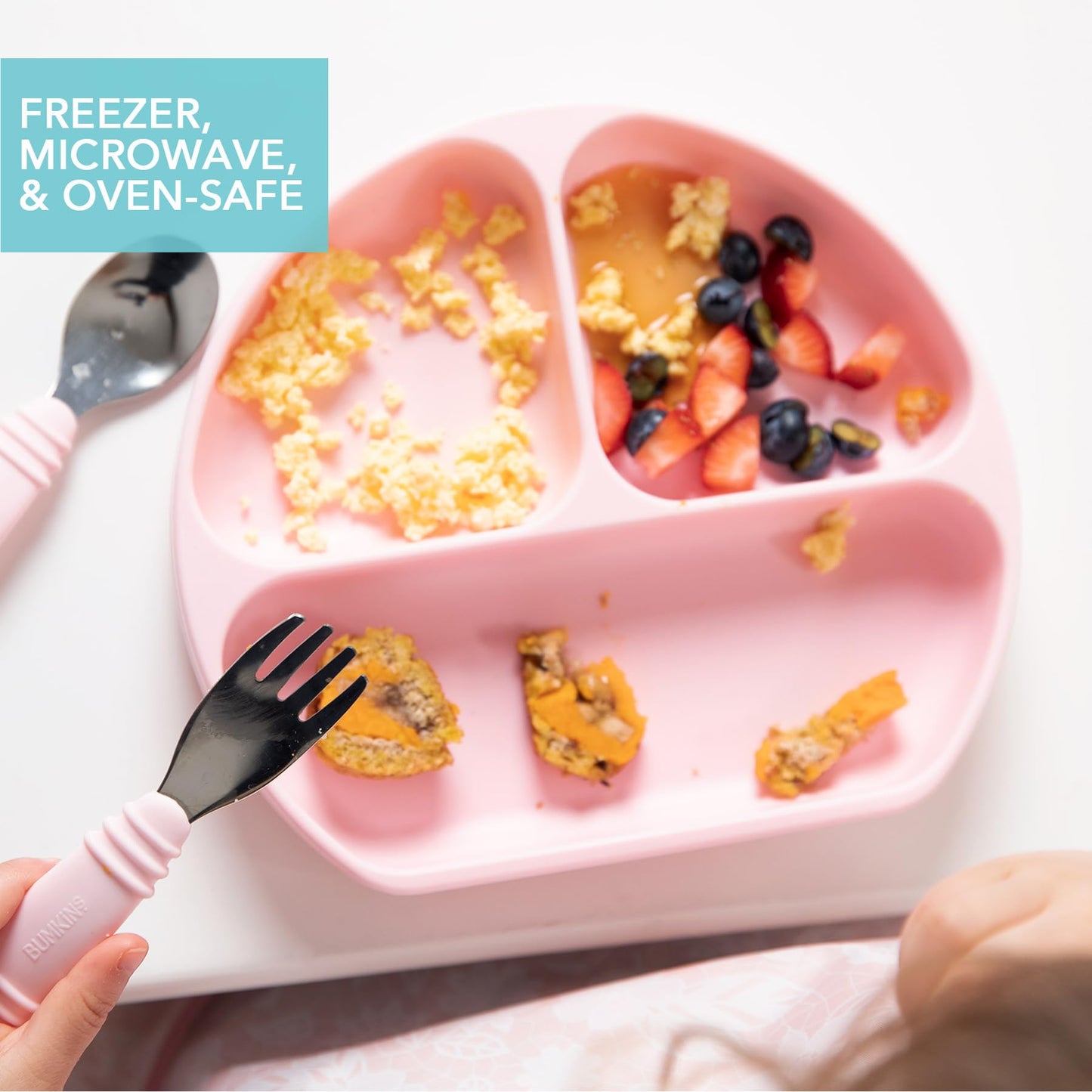 Bumkins - Plato de succión para bebés y bebés, plato de agarre dividido para bebés y niños, destete LED para bebés, suministros de alimentación, se adhiere a mesas y sillas altas, silicona platino,