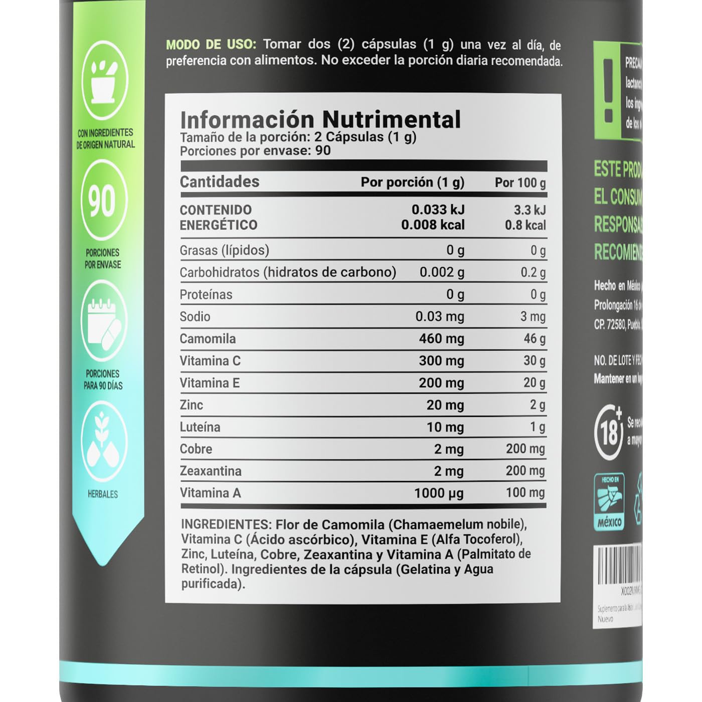 Camomila, Luteína y Zeaxantina de 180 Cápsulas 1000 mg por porción. Vitamina A, C, E y Zinc, Cobre. Ingredientes naturales. Vsion Blend B Life.