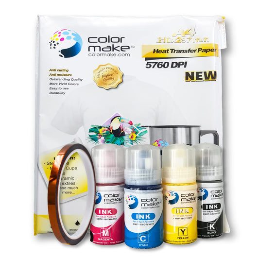 Color Make - Kit de 4 Tintas para Sublimación CMYK Botella Ecofit 70 Gramos c/u, Papel para Sublimación Premium 110 Gramos 100 Hojas Tamaño A4 y Cinta Térmica de 6 mm x 30 Metros.
