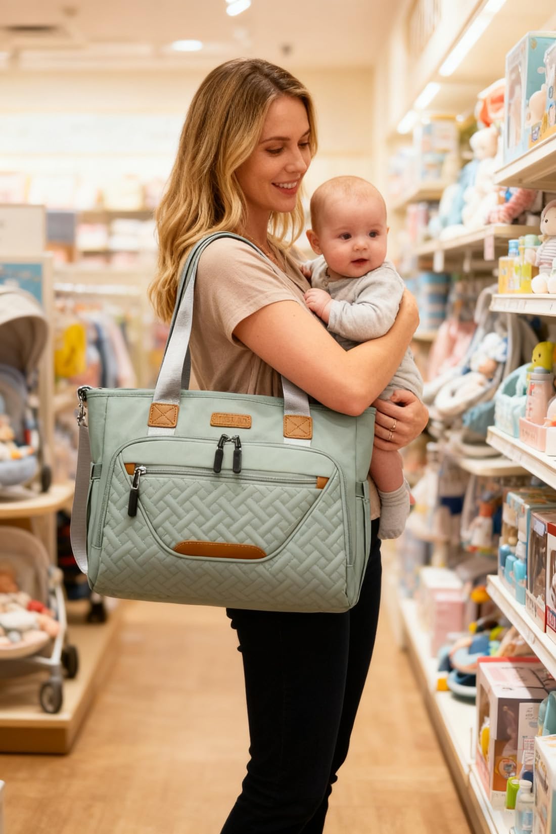 FHELAD - Bolsa de pañales grande con compartimento para portátil de 16 pulgadas, bolsa de bebé con bolsillo aislado para mamá y papá, ideal para viajes, trabajo (gris morandi)