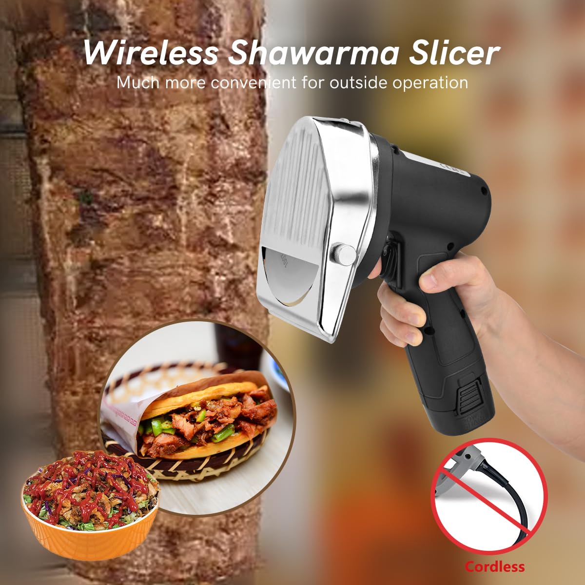 Rebanadora Eléctrica Shawarma Doner Kebab Inalámbrica con Cargador Rápido