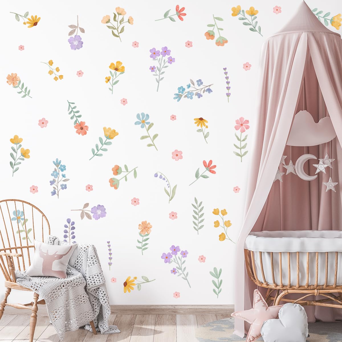 Calcomanías de pared de flores de acuarela bohemias – arte de flores silvestres extraíbles para recámara de niñas, cuarto de niños, decoración de murales de vinilo