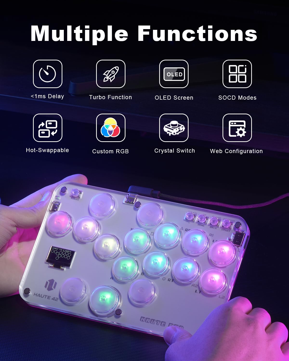 Haute42 Leverless Controller Arcade Stick: S16 Leverless Controller with Kailh Crystal Low-Profile Switches,Leverless Arcade Controller Street Fight for PC/PS3/PS4/Switch Support Hot Swap & SOCD