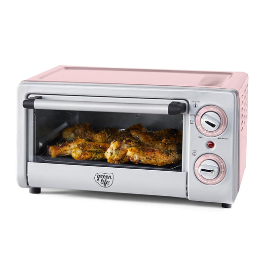 GreenLife - Freidora de aire para horno tostador de encimera de acero inoxidable, antiadherente de cerámica saludable, última intervensión de PFAS y PFOA, bandeja y cesta, hornear, asar, recalentar,