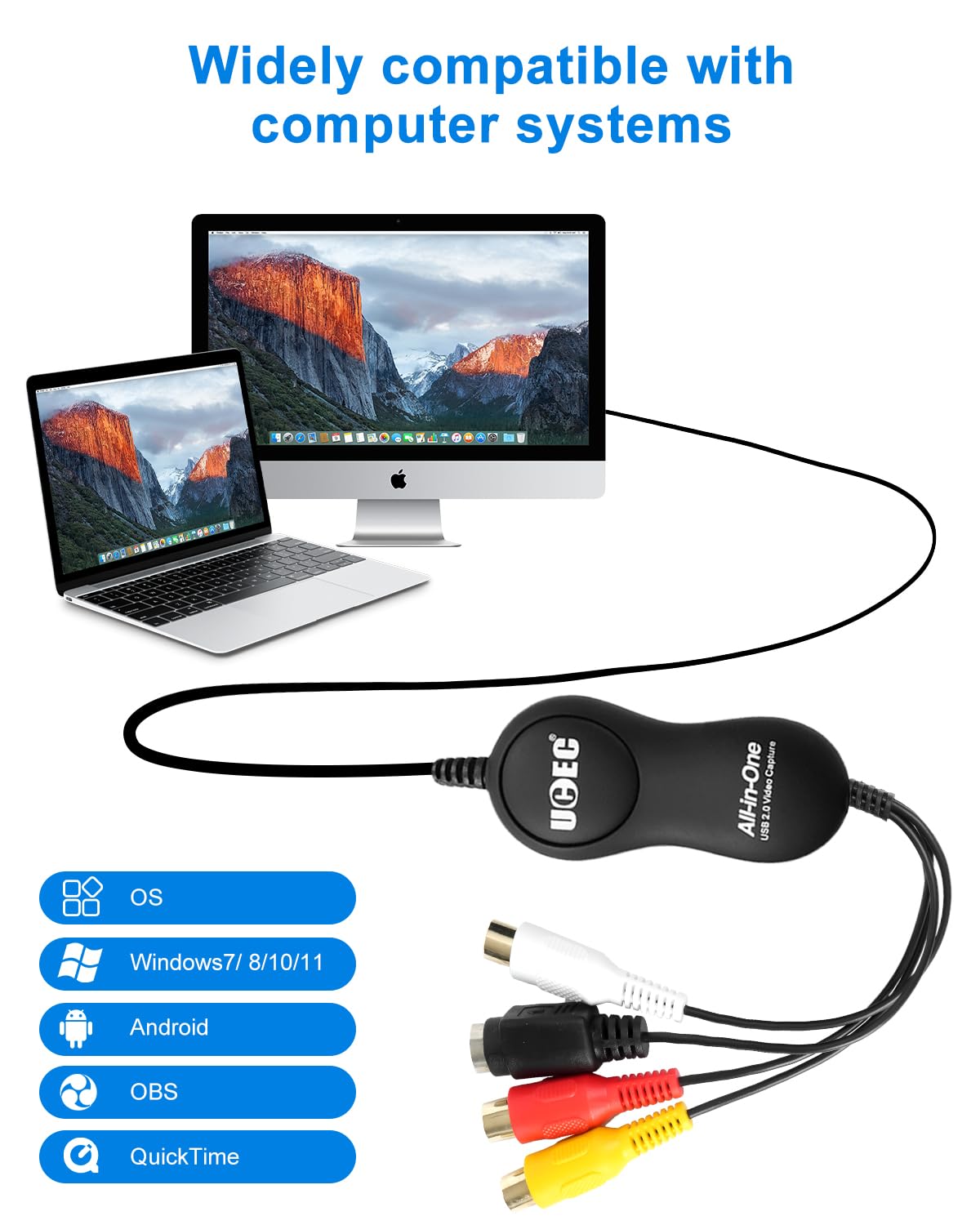 UCEC - Kit convertidor VHS a digital, dispositivo de captura de video RCA a USB 2.0, convertidor de video a digital, dispositivo de tarjeta de captura de video USB 2.0 para Mac OS X PC Windows 7 8 10