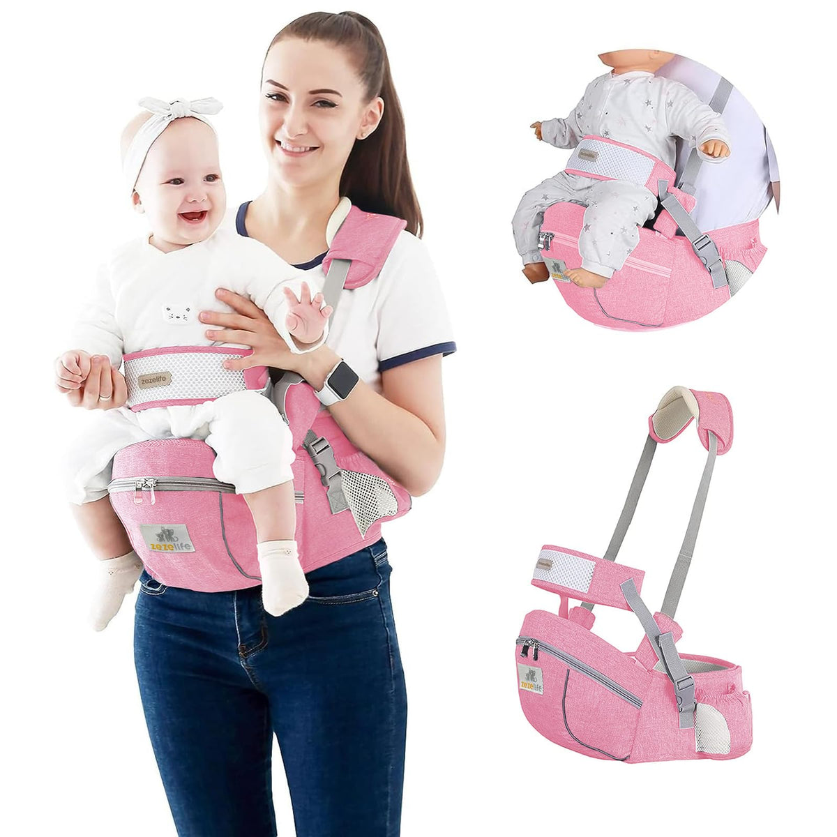 ZEZELIFE Portabebé Asiento de Cadera,Portador de Bebé Ergonómico Taburete de Cintura Algodón con Cinturón de Seguridad y Correa de Hombro Individual Posición Múltiple para Bebé Niños Recién Nacido 0-36 Meses