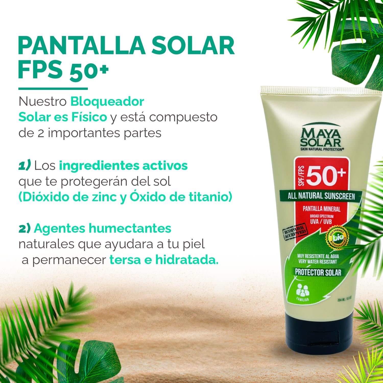Maya Solar. Bloqueador Solar Corporal. 100% Ingredientes Naturales Minerales SPF 50+ Uso Diario 204 ml