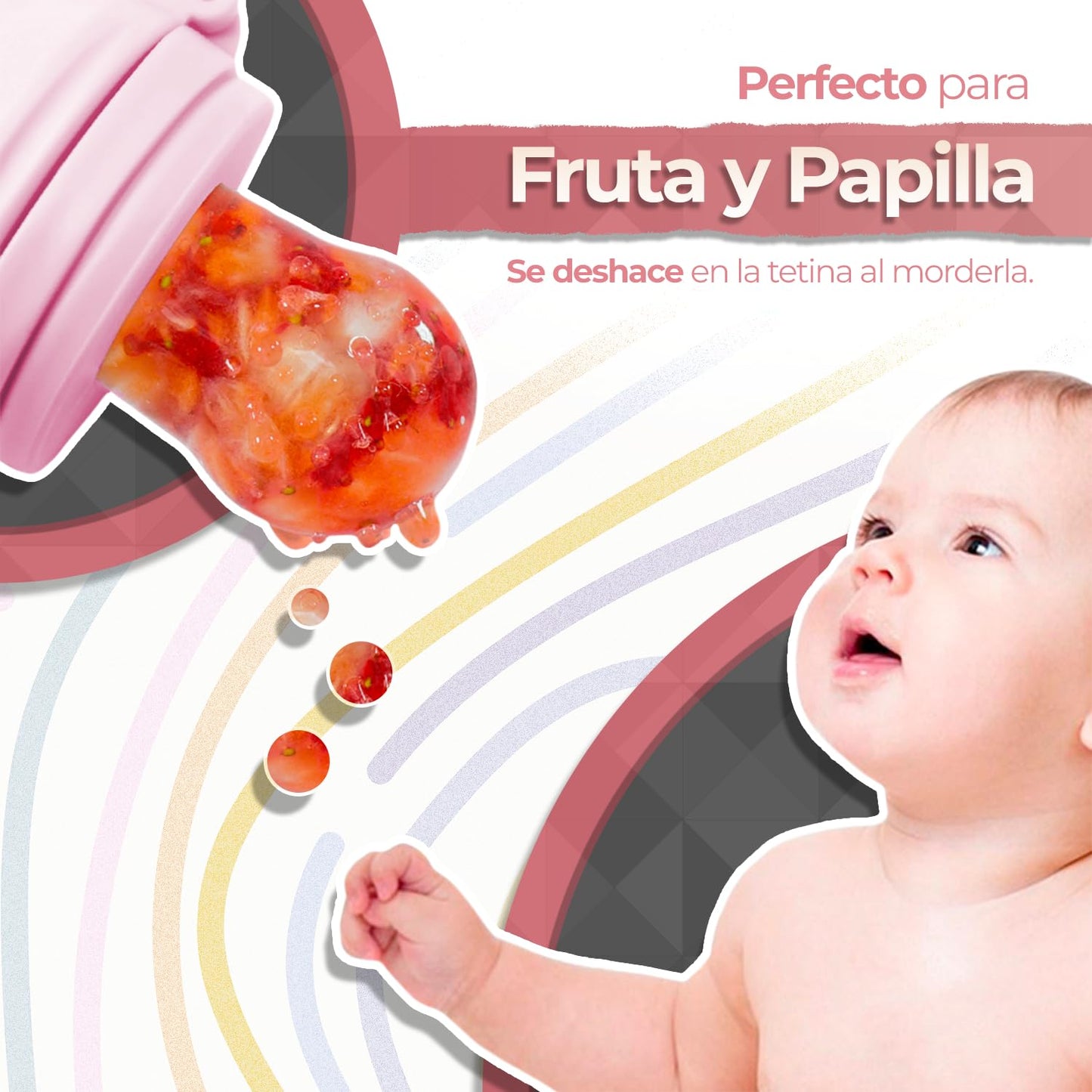 Chupón Para Fruta Y Papilla Sweet Baby Rosa Blanco con Seguro y Tapa dibujos animados, Libre de BPA