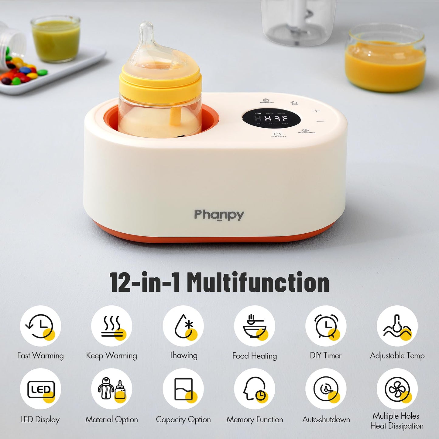 Phanpy Calentador de biberones sin agua, multifunción, 12 en 1, calentador de biberones rápido para leche materna, calentador de biberones para viajes, calentador de leche para bebé con función de