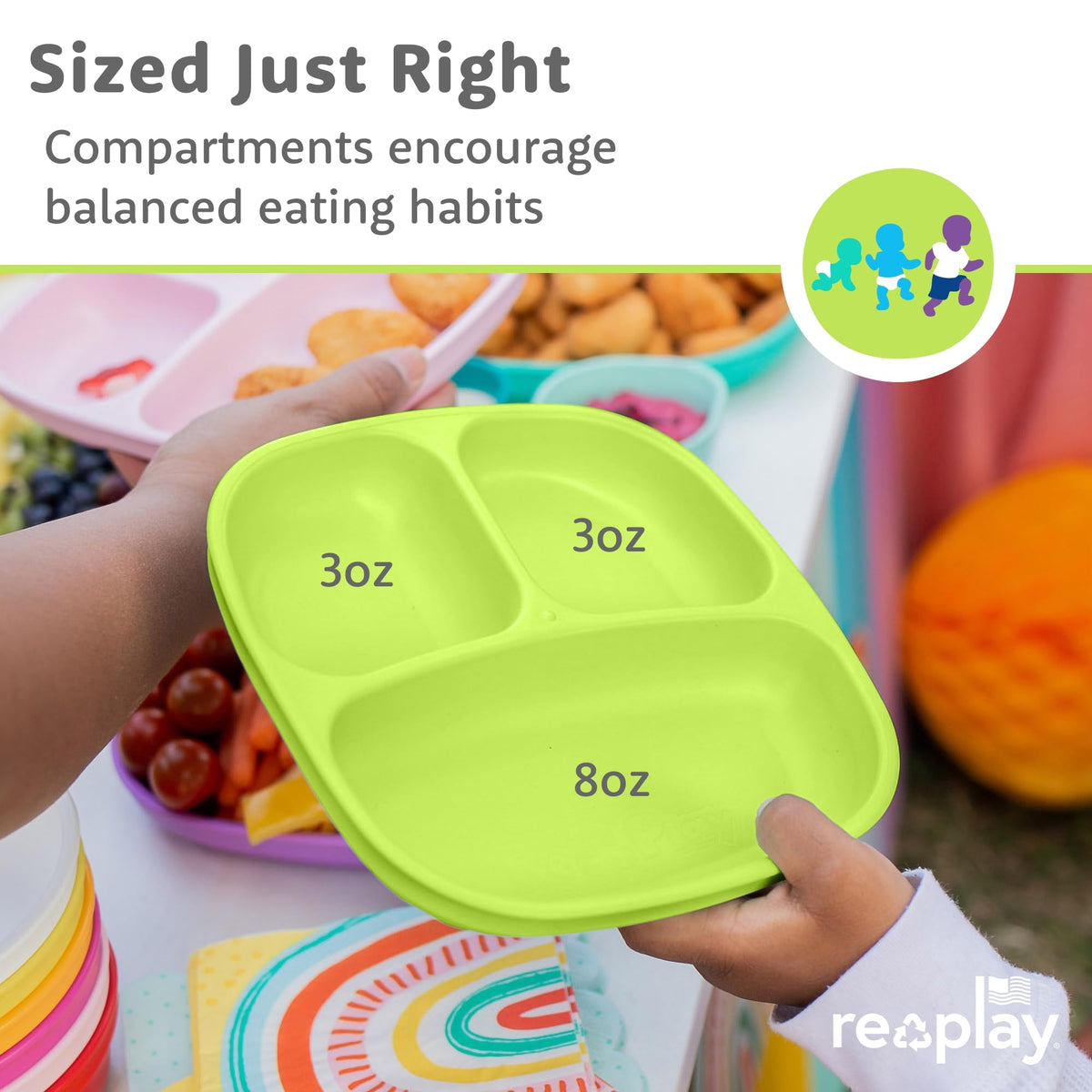 Re-Play - Juego de vajilla para niños pequeños, 3 platos divididos, 3 cuencos de aperitivos y 3 juegos de tenedor y cuchara, vajilla para niños sin BPA, apto para lavaplatos, fabricado en Estados