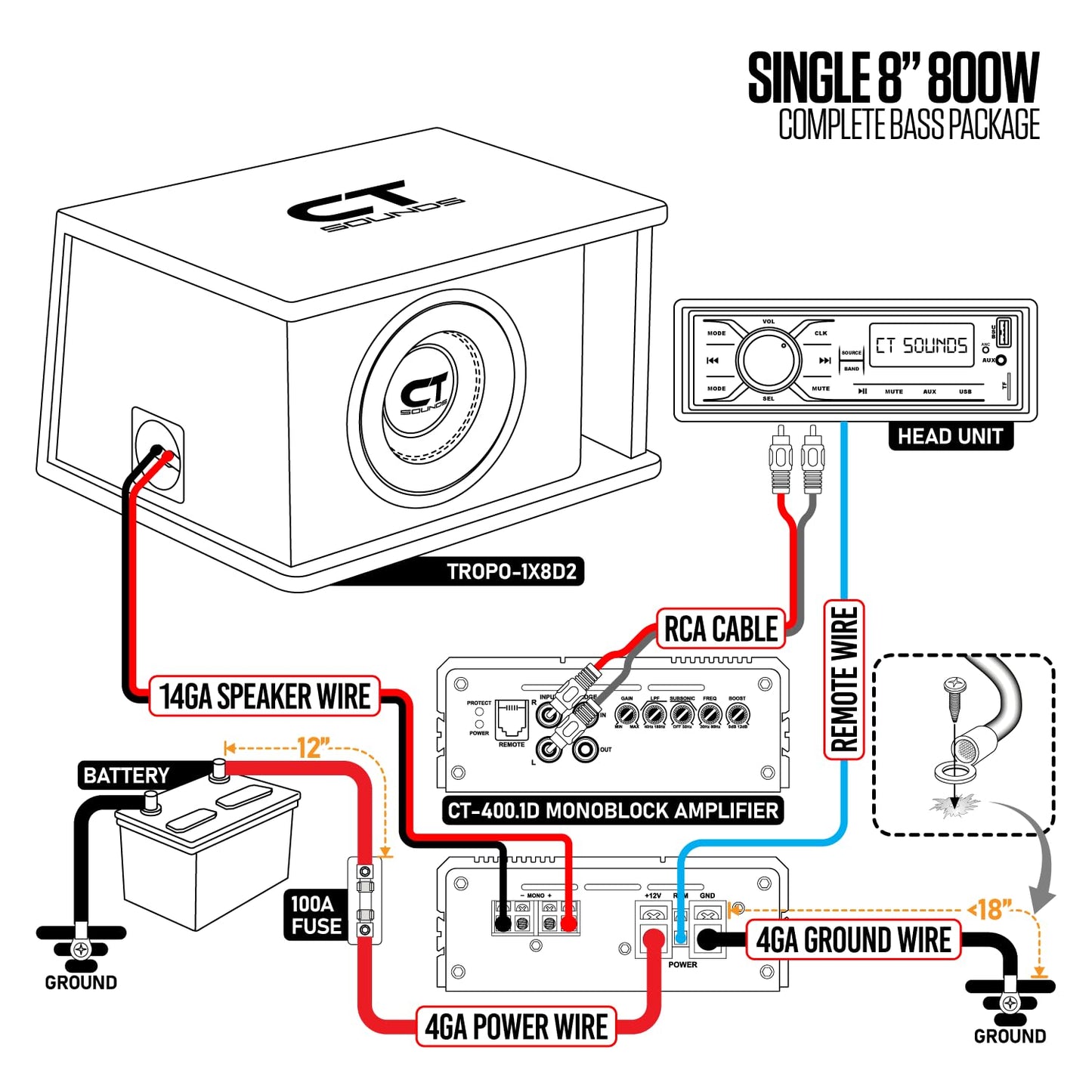 CT Sounds - Paquete Completo de Graves de 8 Pulgadas y 800 W con Caja de Subwoofer Cargada y Amplificador