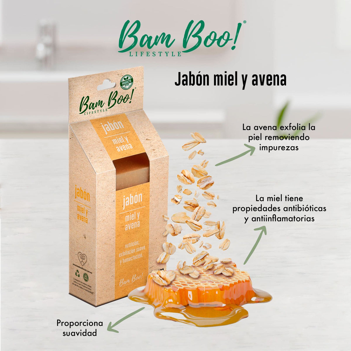 5 Pack Jabón Artesanal Natural Miel y Avena 100 G Bam Boo!
