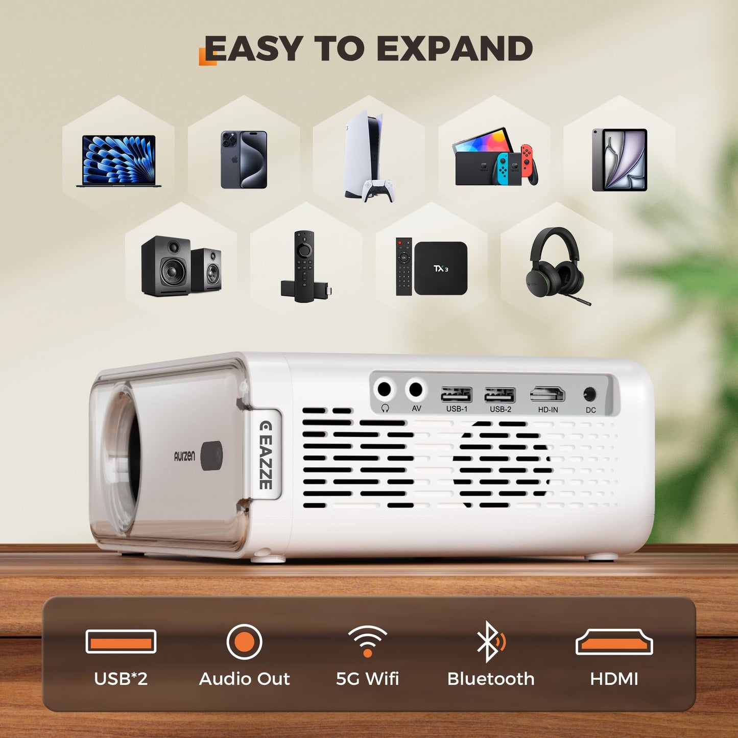 Aurzen EAZZE D1 Proyector Inteligente con WiFi y Bluetooth, aplicación con licencia oficial, enfoque automático/corrección trapezoidal, altavoces Dolby Audio de 16 W, nativo 1080P, HDR10, soporte 4K