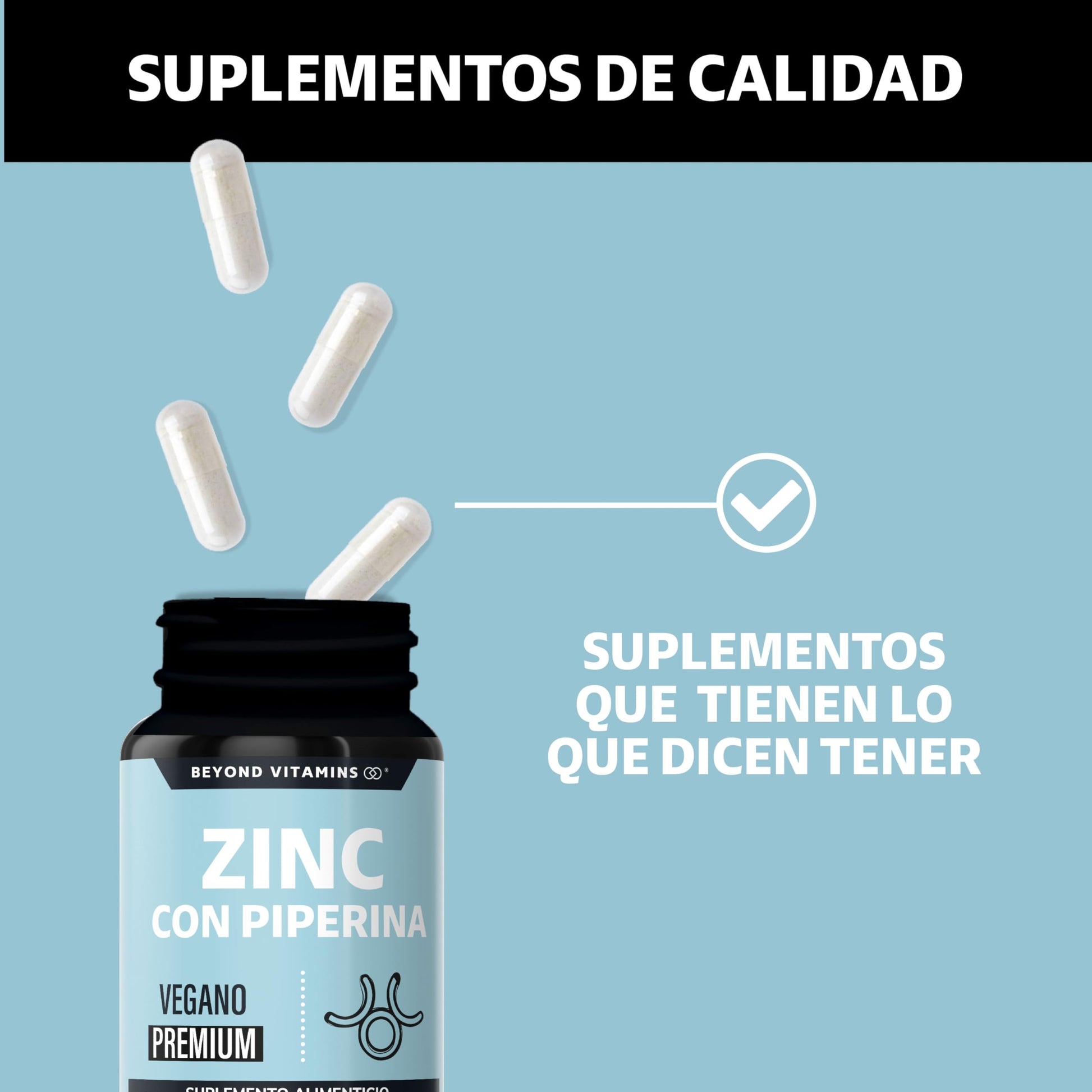 Beyond Vitamins | Zinc 20mg (Gluconato de Zinc) Potenciado con Piperina Estandarizada al 95%, Apto para dietas Veganas, Premium (60 Cápsulas)