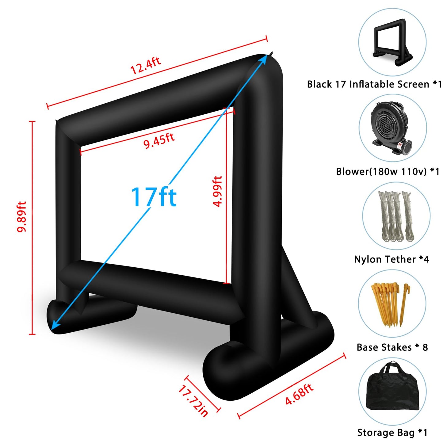 Inlftable visualización de cine inflable de 17 pies para exteriores, visualización de película soplada con bolsa de almacenamiento de soplador de aire, visualización de proyección frontal y trasera de