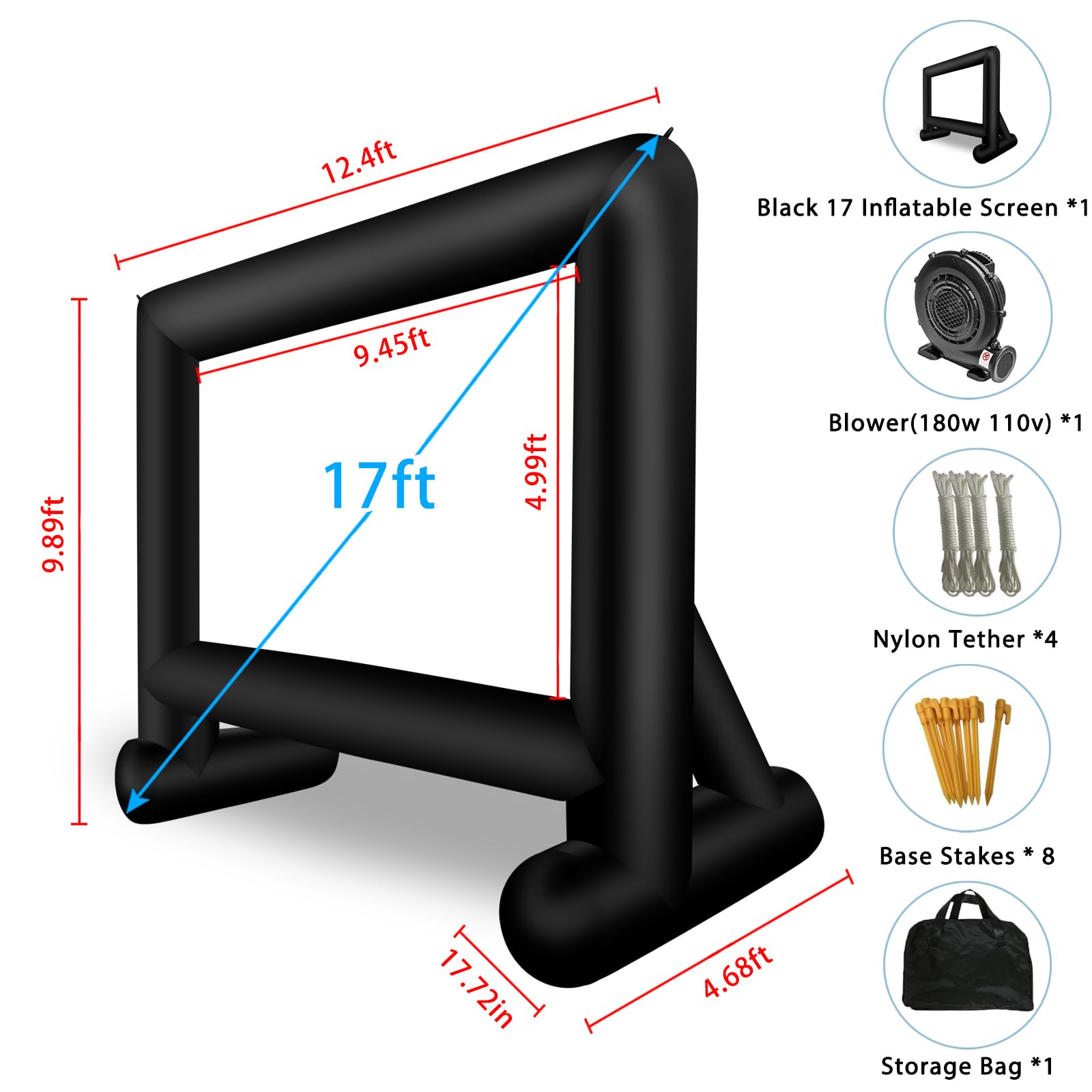 Inlftable visualización de cine inflable de 17 pies para exteriores, visualización de película soplada con bolsa de almacenamiento de soplador de aire, visualización de proyección frontal y trasera de