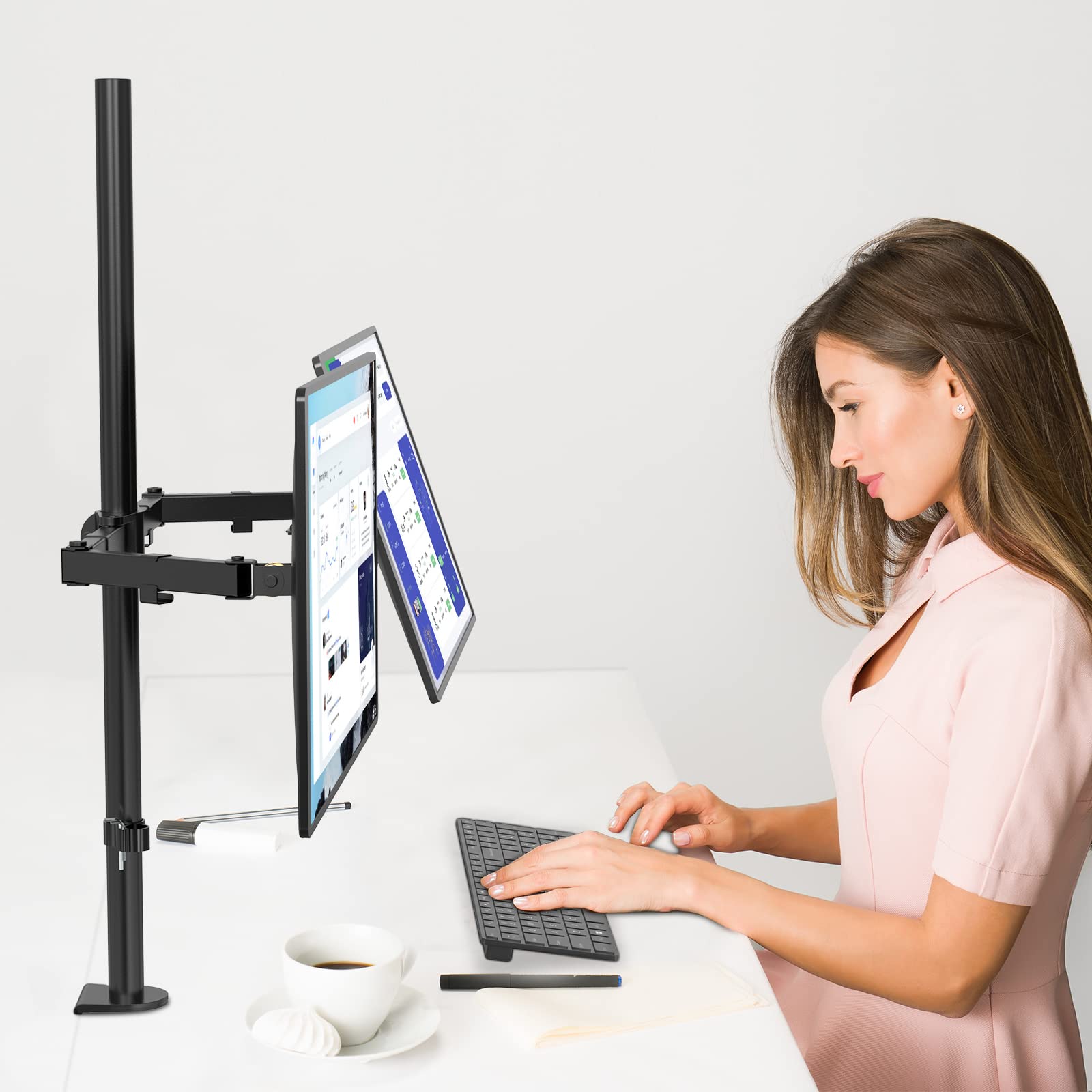 Soporte Doble Monitor WALI Negro Extra Alto con Brazo para Dos Monitores hasta 27 Pulgadas de 10 kg